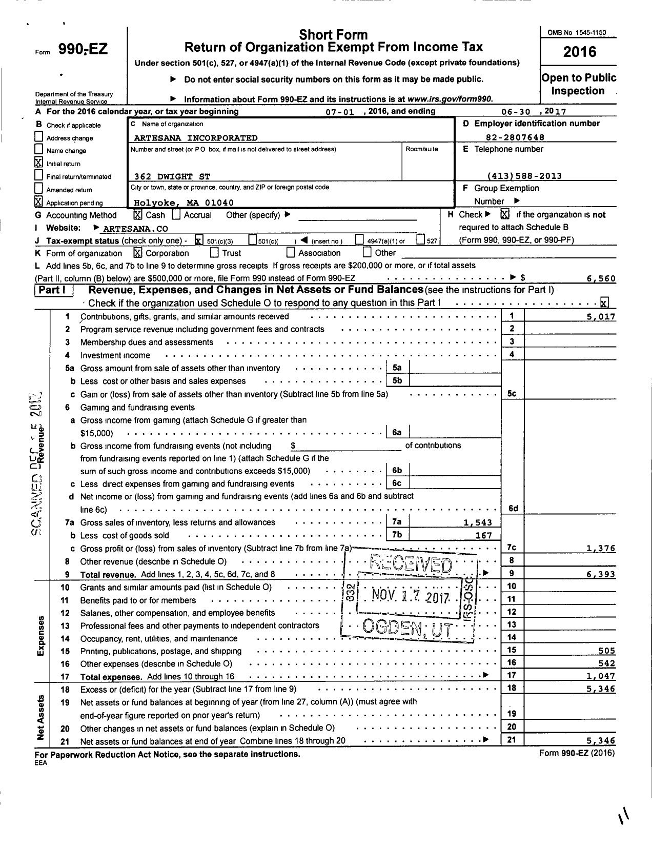 Image of first page of 2016 Form 990EZ for Artesana Incorporated