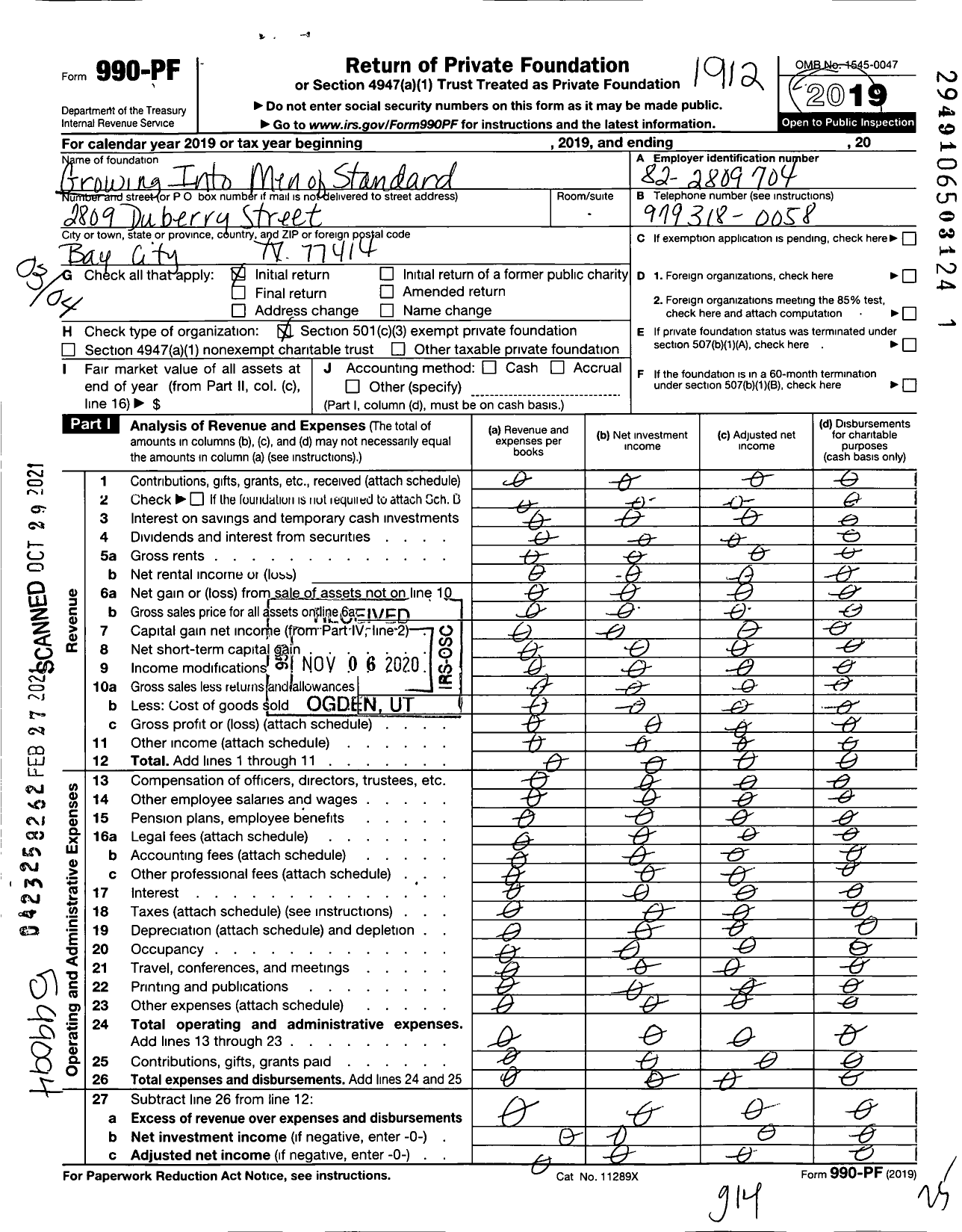 Image of first page of 2019 Form 990PF for Growing Into Men of Standard