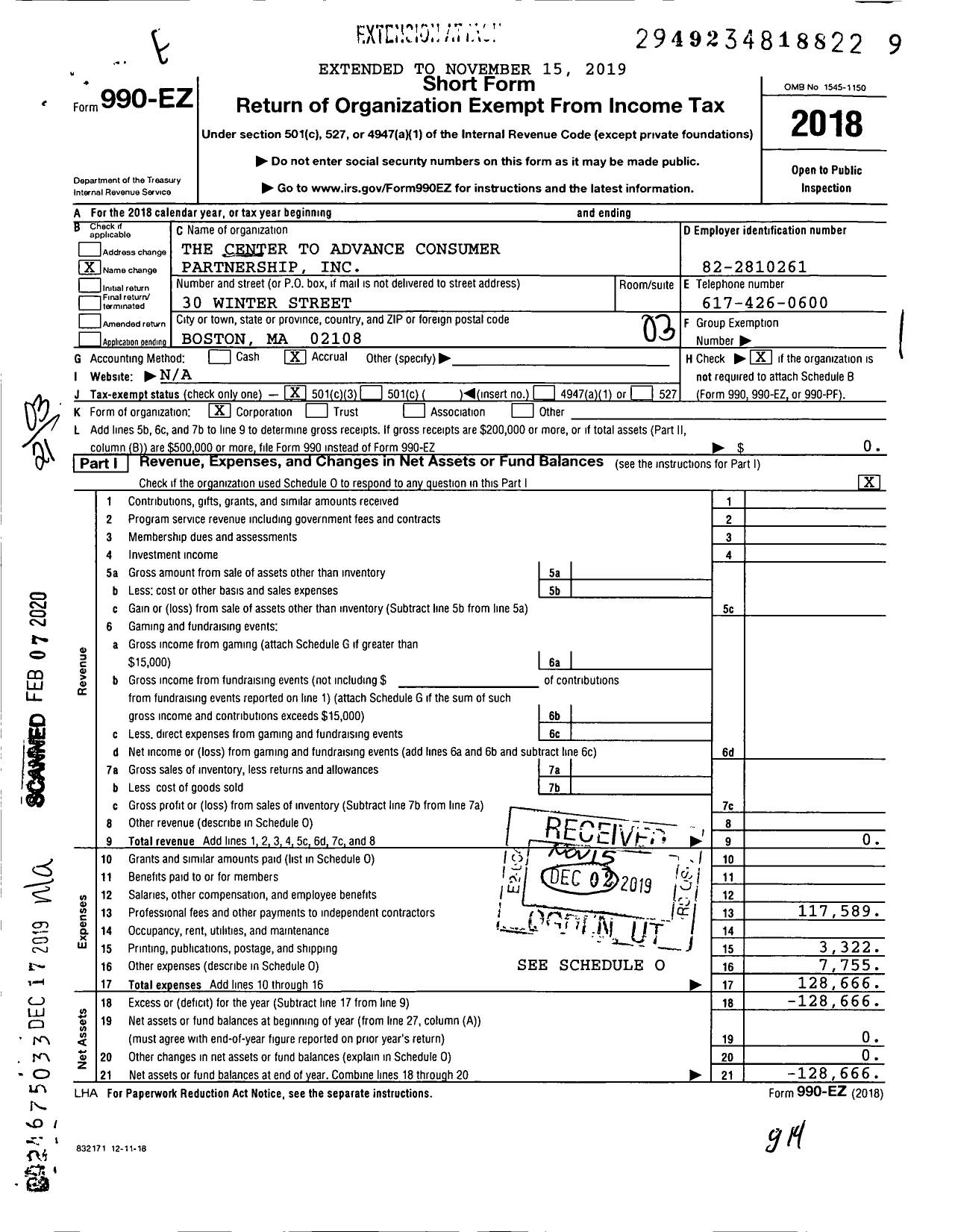 Image of first page of 2018 Form 990EZ for The Center To Advance Consumer Partnership