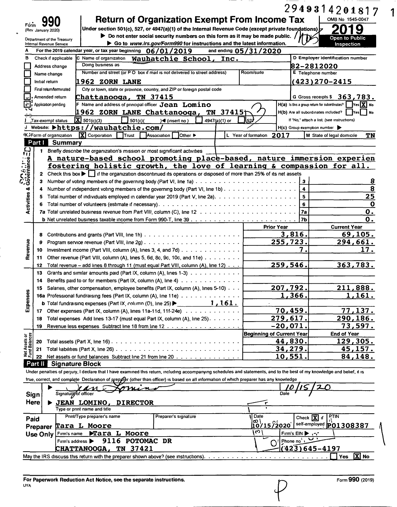 Image of first page of 2019 Form 990 for Wauhatchie School