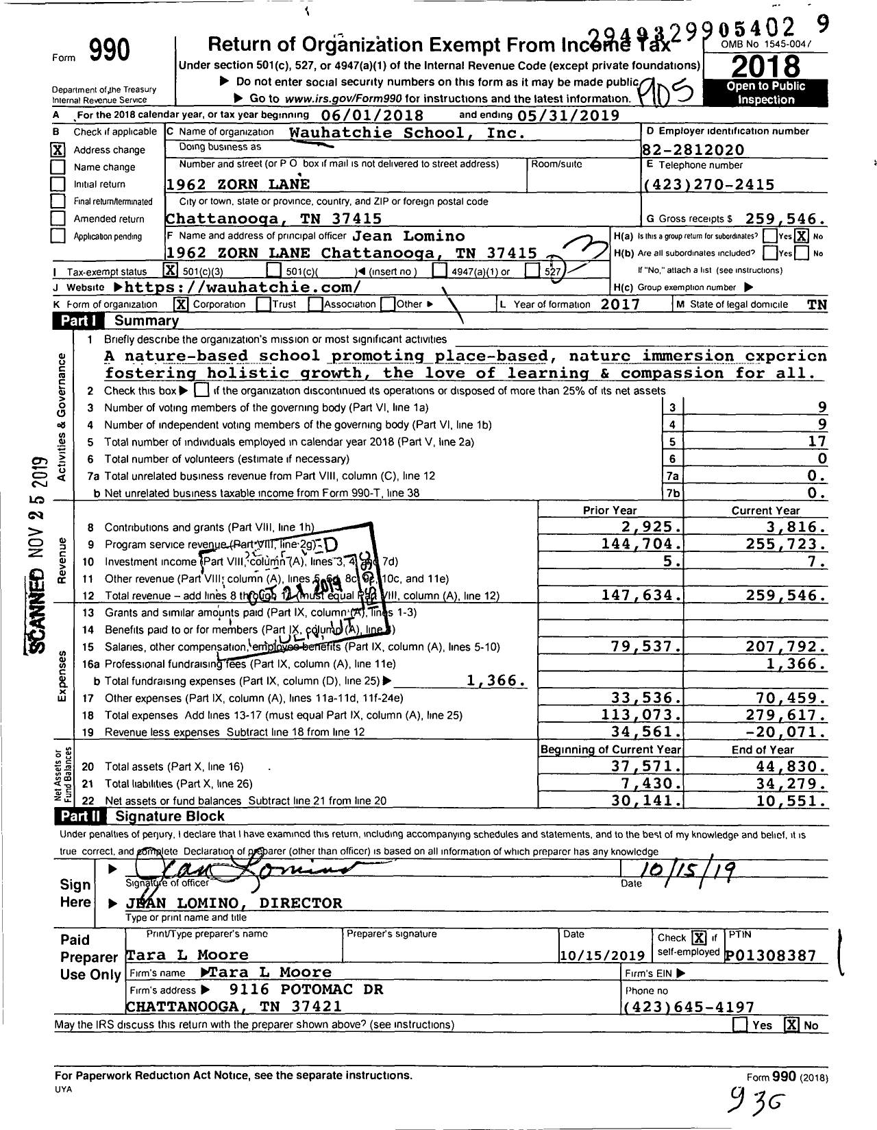 Image of first page of 2018 Form 990 for Wauhatchie School
