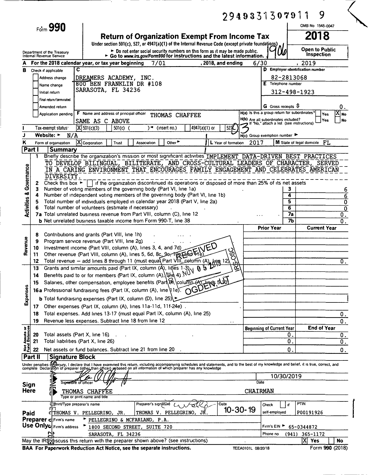 Image of first page of 2018 Form 990 for Dreamers Academy