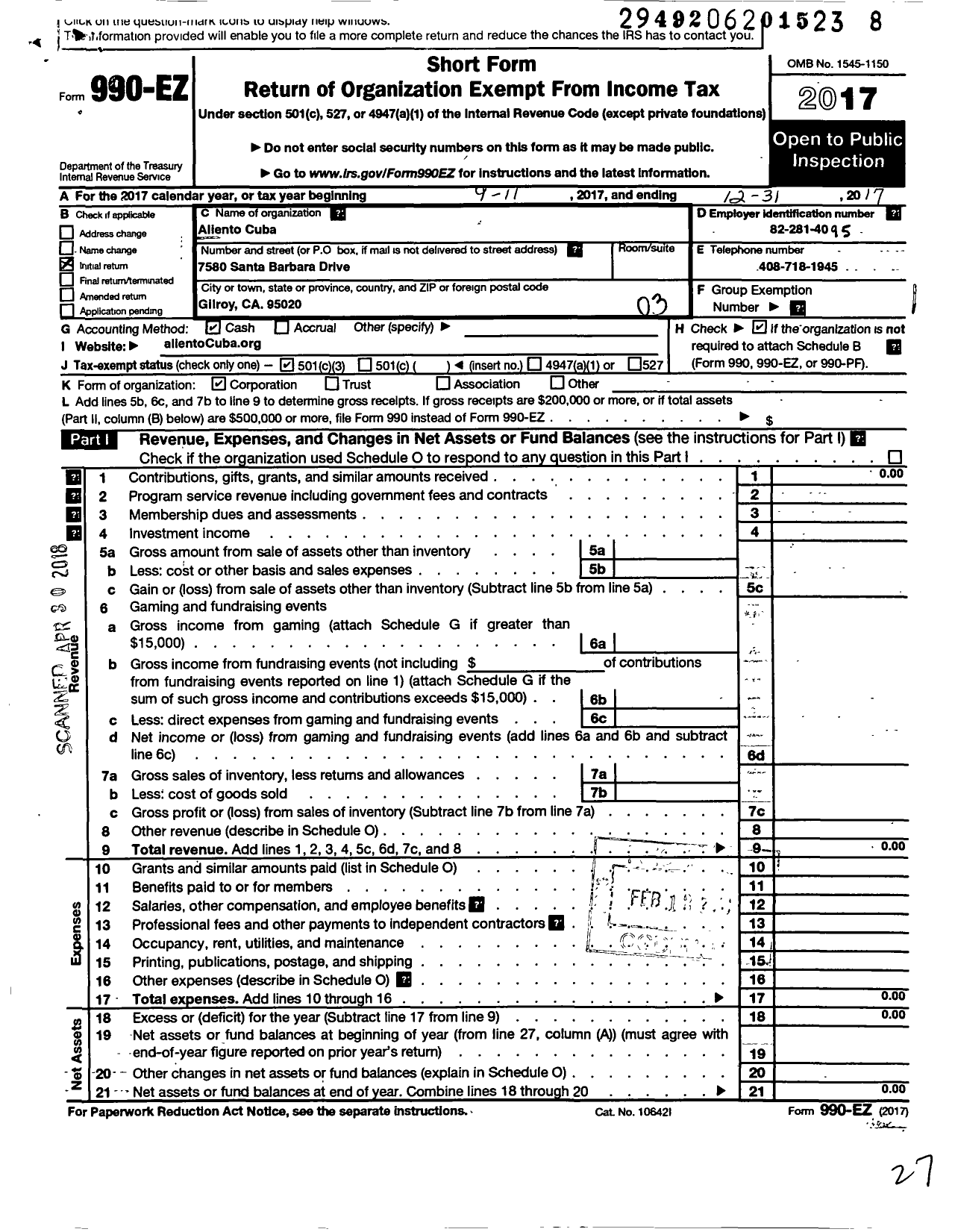 Image of first page of 2017 Form 990EZ for Aliento Cuba