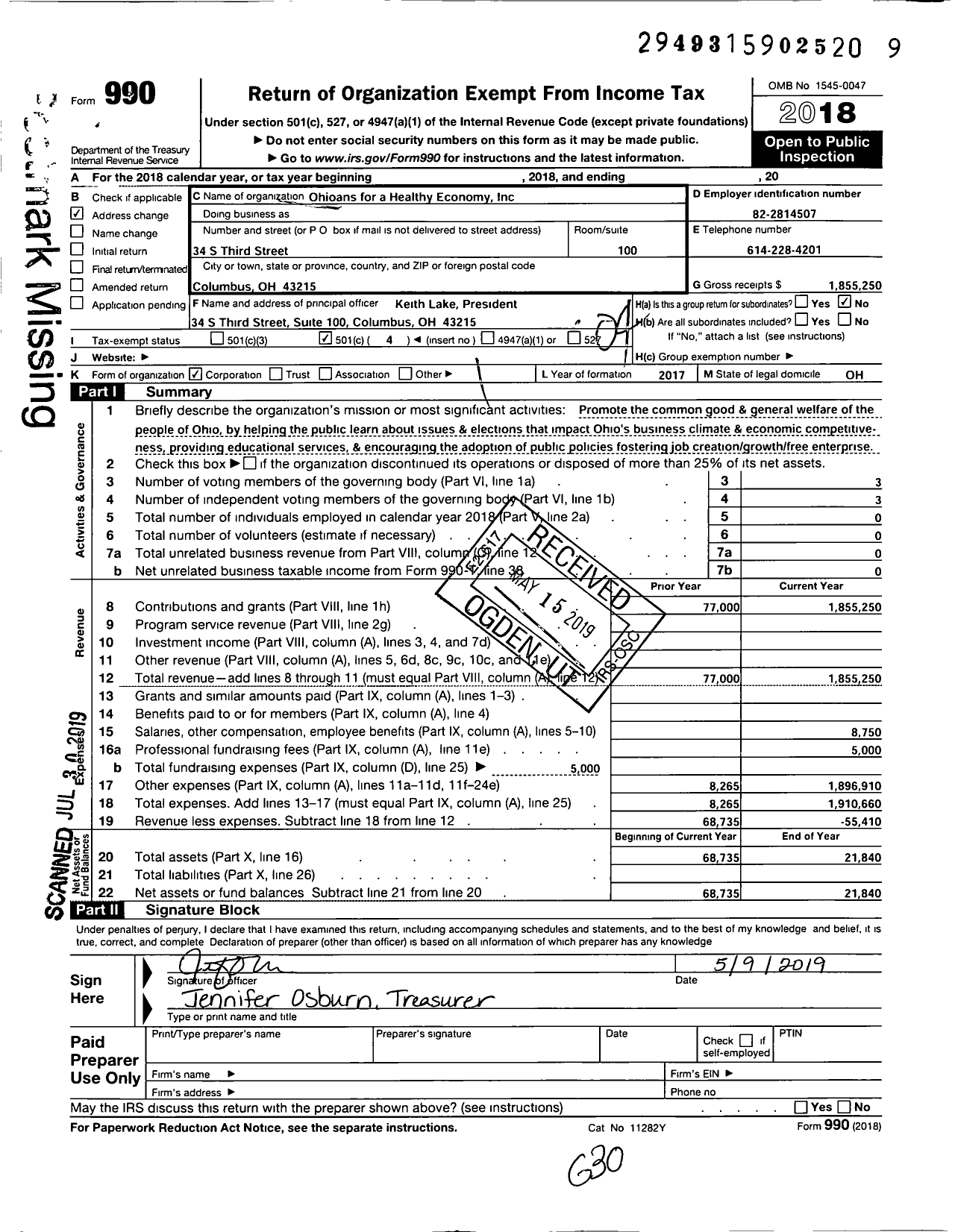 Image of first page of 2018 Form 990O for Ohioans for A Healthy Economy