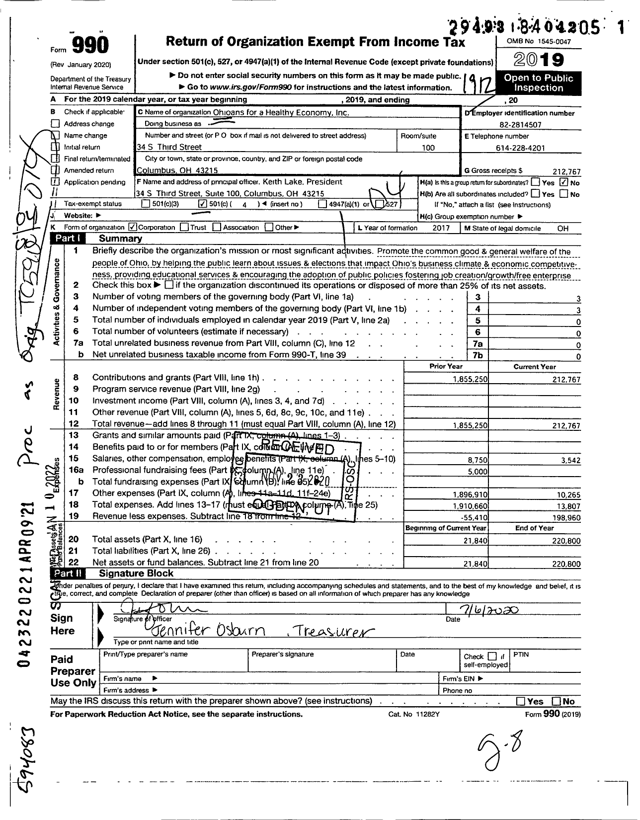 Image of first page of 2019 Form 990O for Ohioans for A Healthy Economy