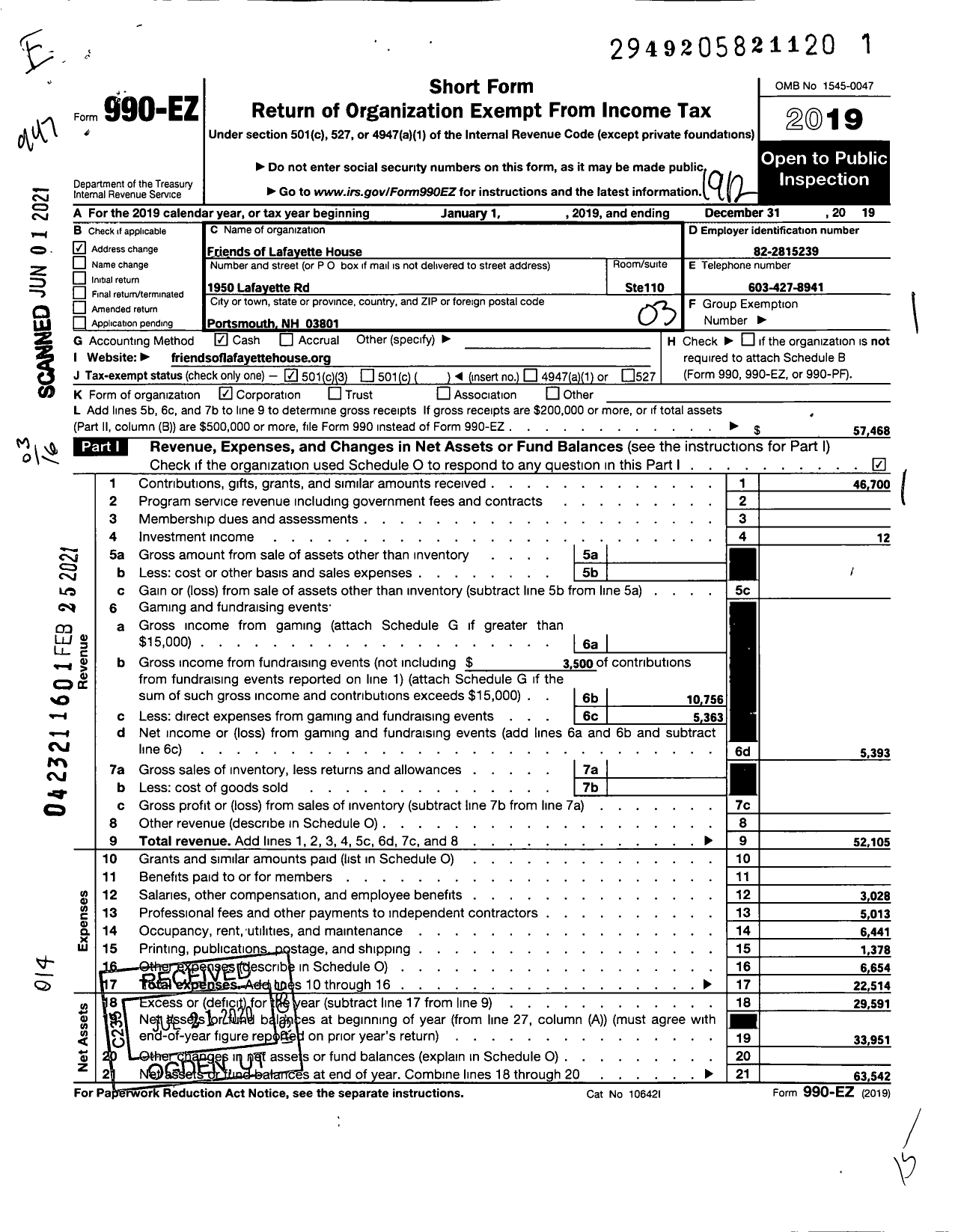 Image of first page of 2019 Form 990EZ for Friends of Lafayette House