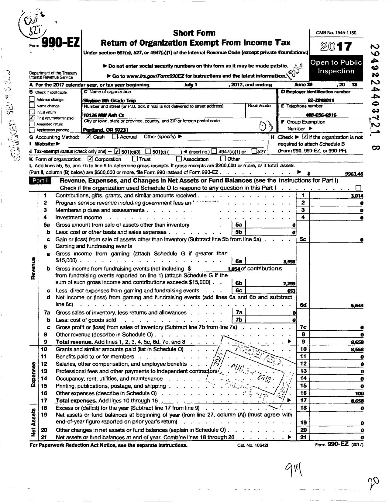 Image of first page of 2017 Form 990EZ for Skyline 8th Grade Trip