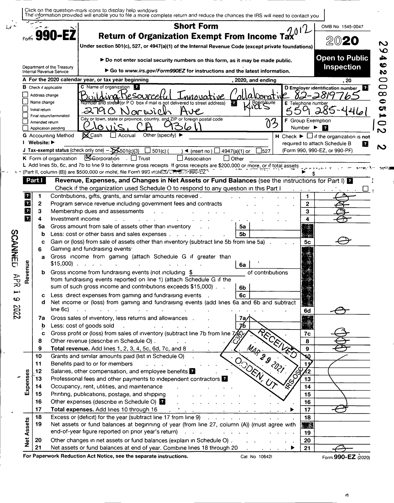 Image of first page of 2020 Form 990EZ for Building Resourceful Innovative Collaborative Kids