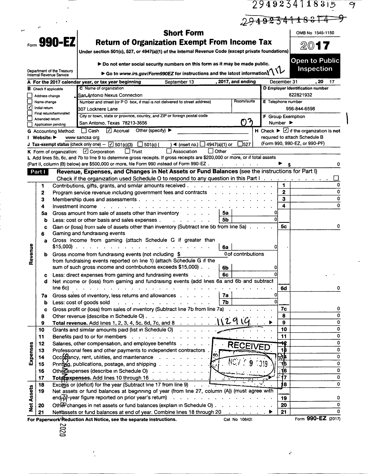 Image of first page of 2017 Form 990EZ for San Antonio Nexus Connection