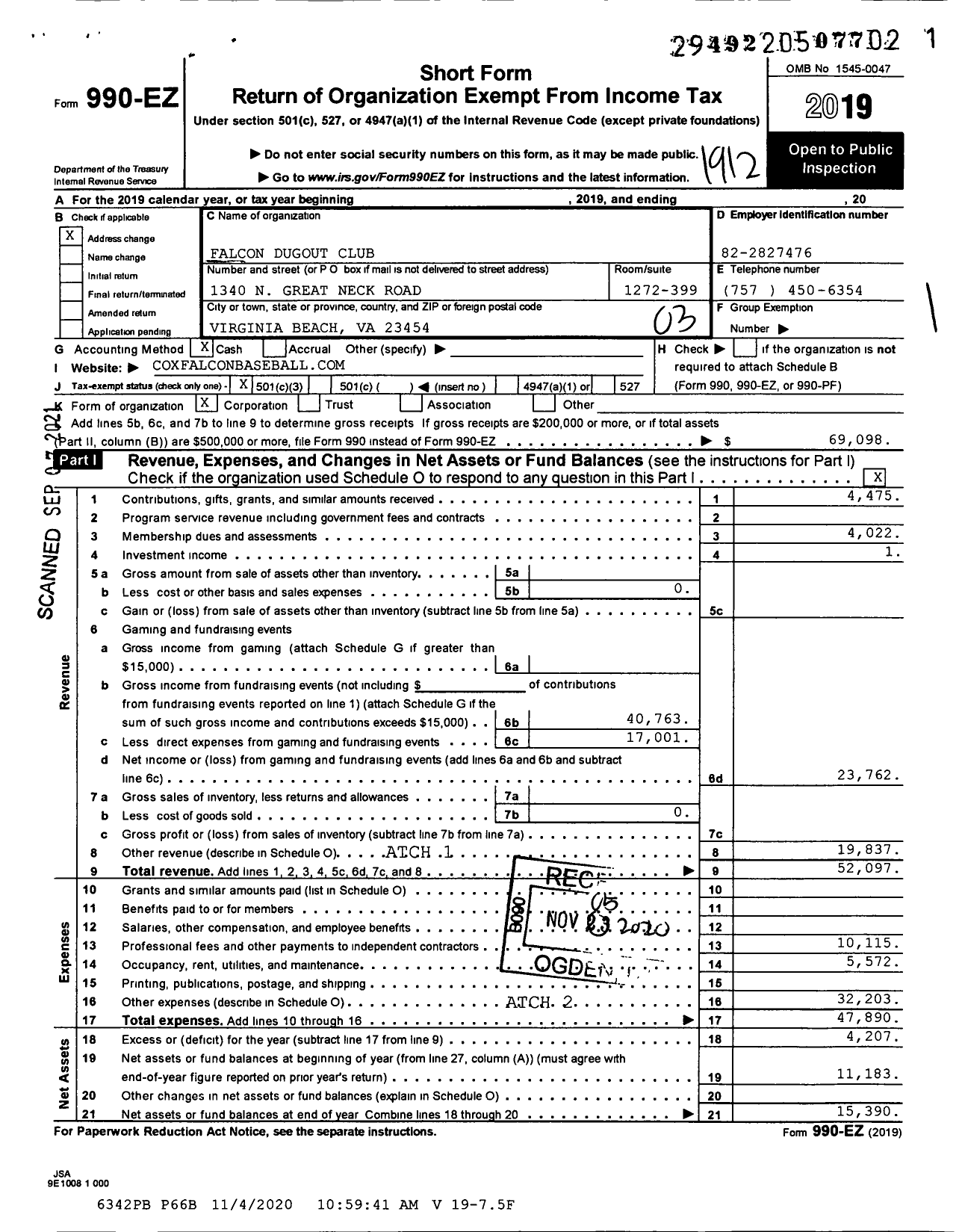 Image of first page of 2019 Form 990EZ for Falcon Dugout Club