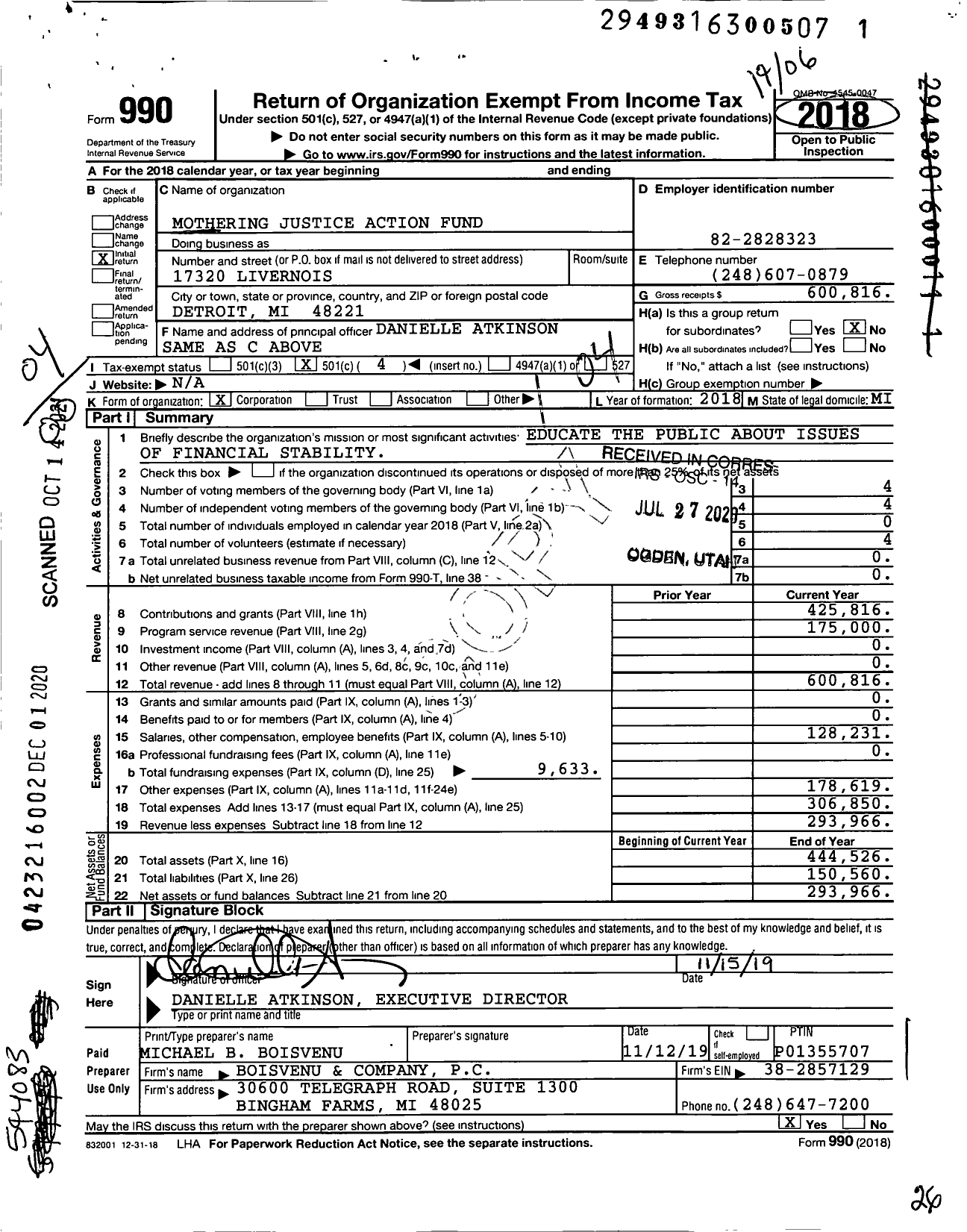 Image of first page of 2018 Form 990O for Mothering Justice Action Fund