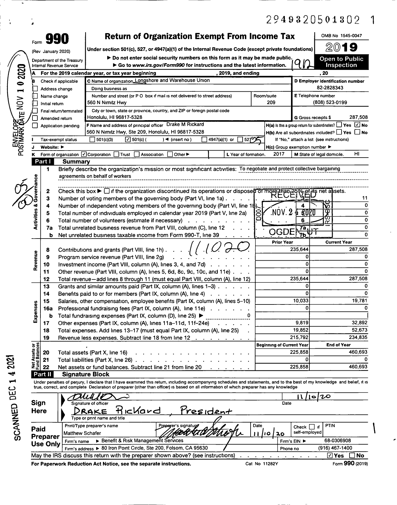 Image of first page of 2019 Form 990O for International Longshore & Warehouse Union - 100 Local Ilwu