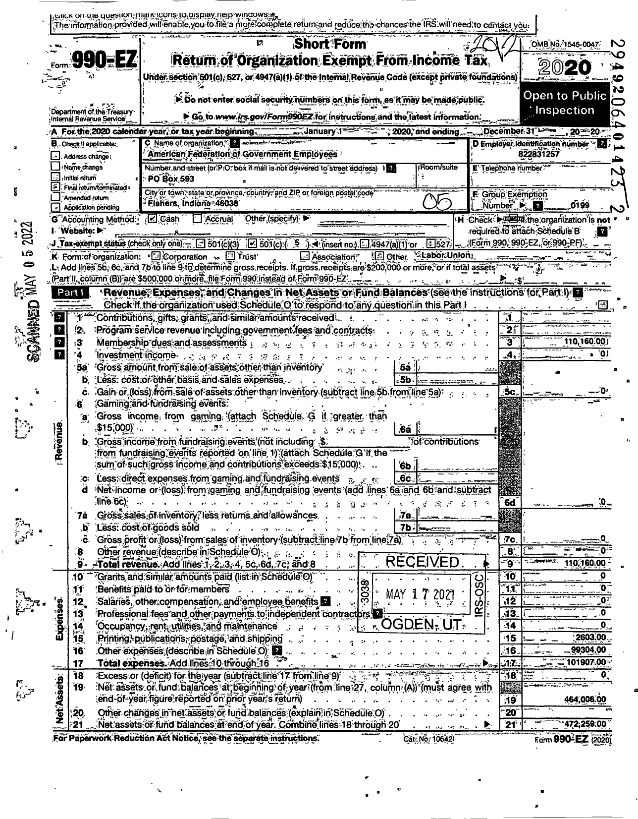 Image of first page of 2020 Form 990EO for American Federation of Government Employees - American Federation of Government Employees