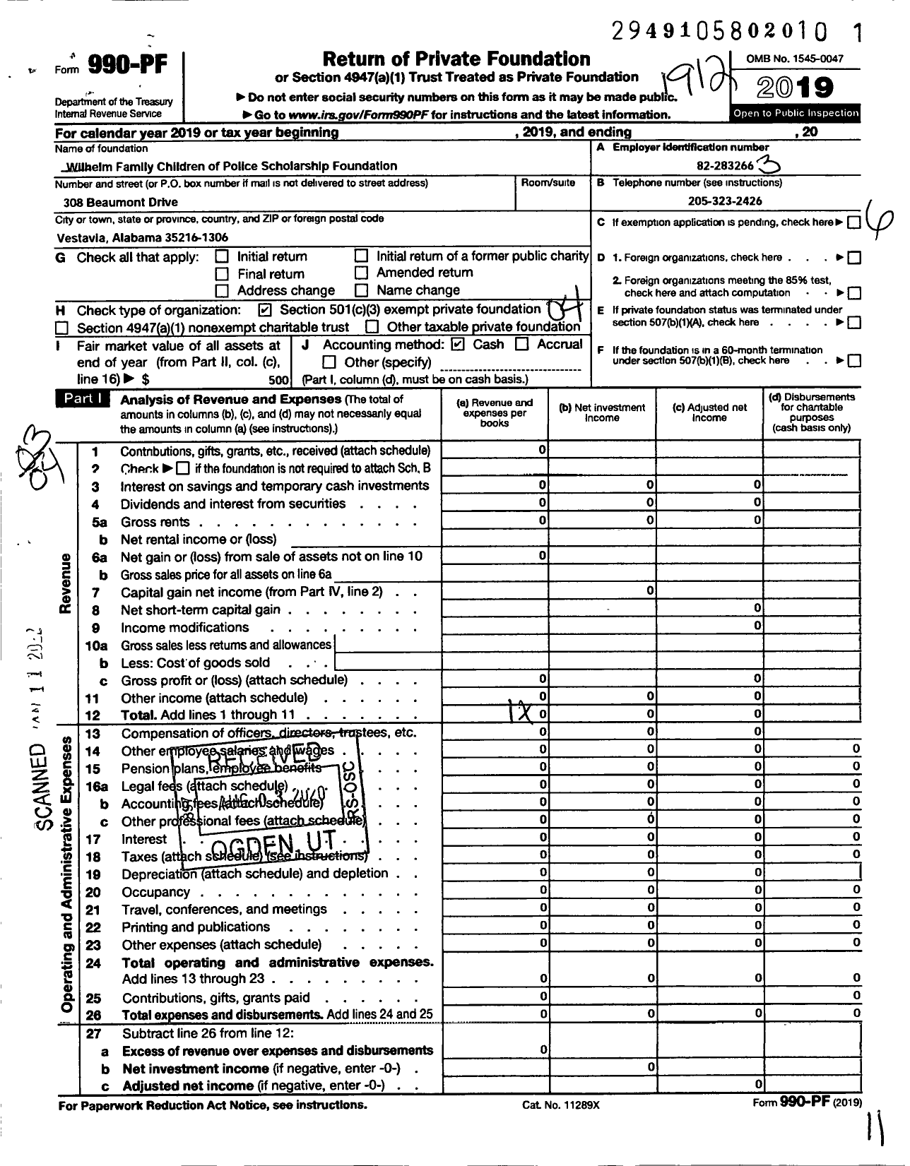 Image of first page of 2019 Form 990PF for Wilhelm Family Children of Police Scholarship Foundation