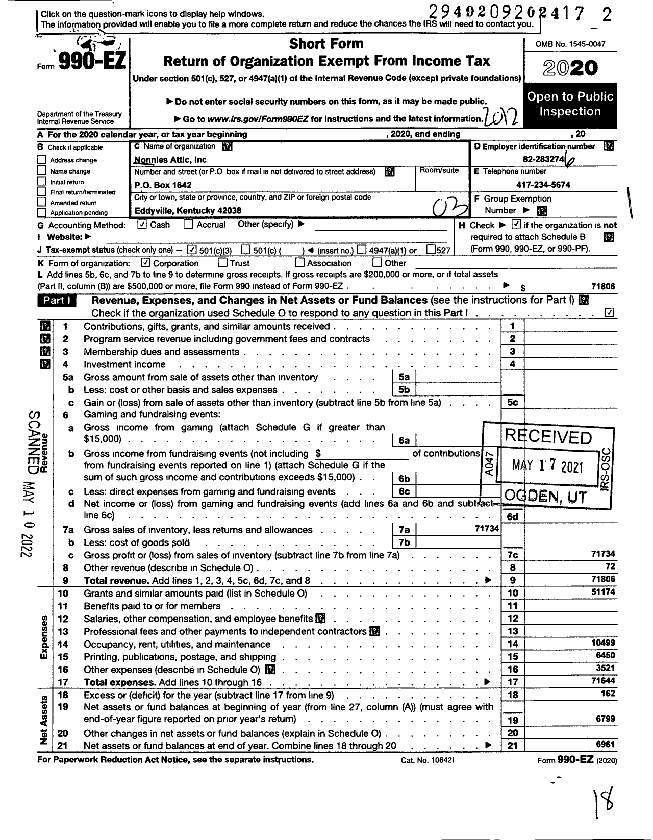 Image of first page of 2020 Form 990EZ for Nonnies Attic