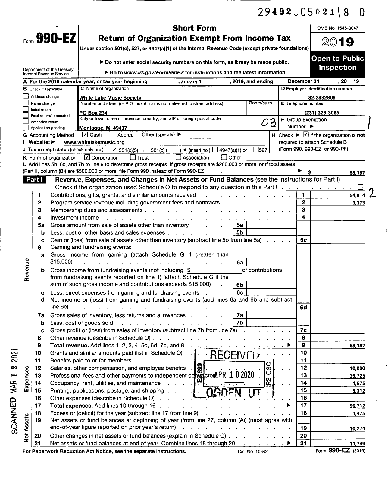 Image of first page of 2019 Form 990EZ for White Lake Music Society