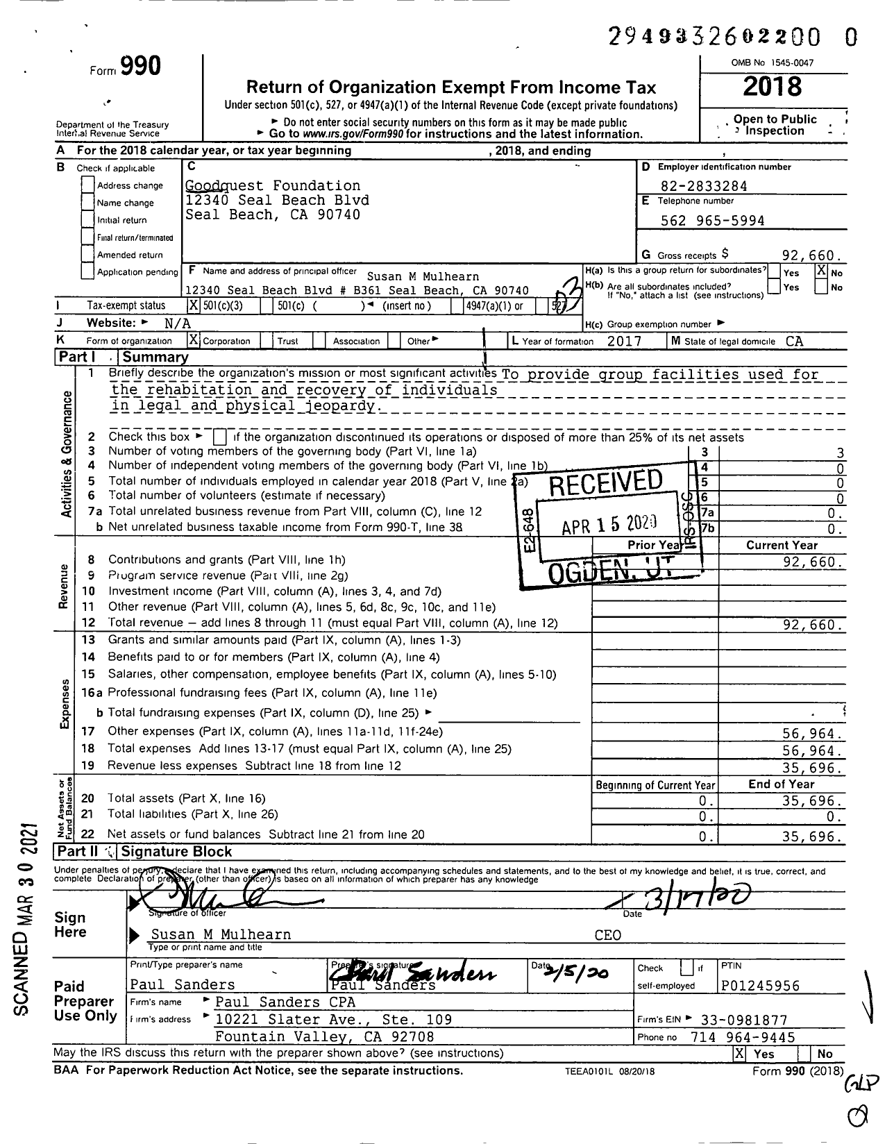 Image of first page of 2018 Form 990 for Goodquest Foundation