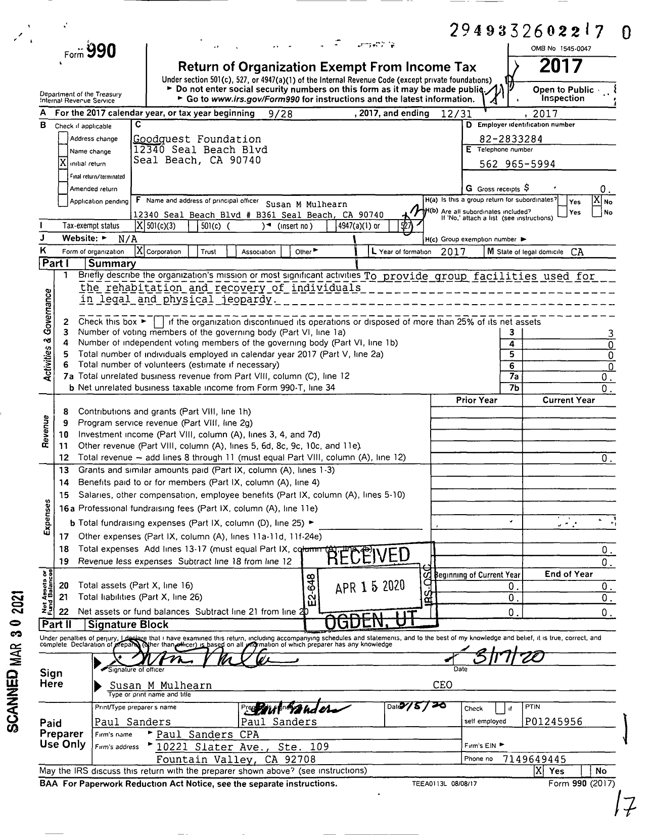 Image of first page of 2017 Form 990 for Goodquest Foundation