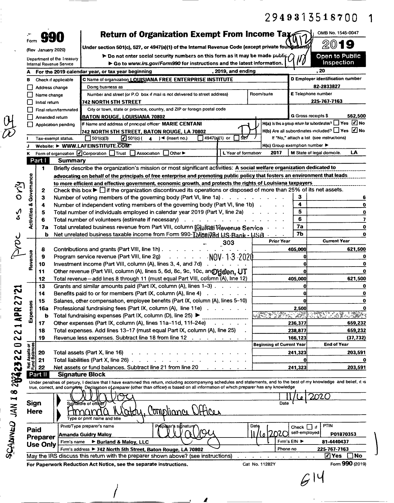 Image of first page of 2019 Form 990O for Louisiana Free Enterprise Institute
