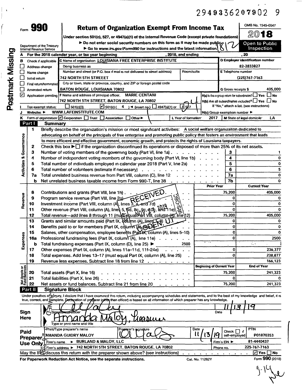 Image of first page of 2018 Form 990O for Louisiana Free Enterprise Institute