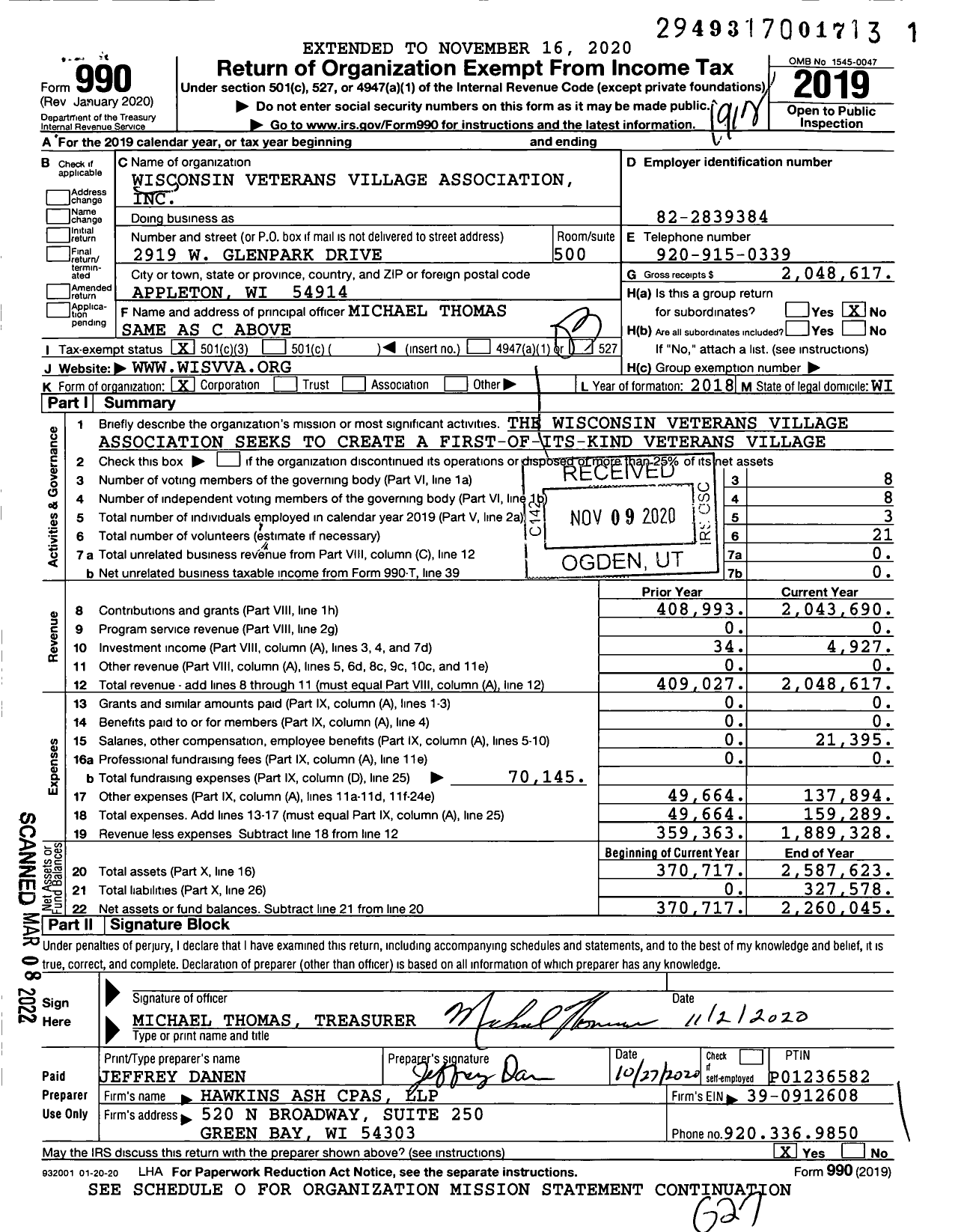 Image of first page of 2019 Form 990 for Wisconsin Veteran's Village Association