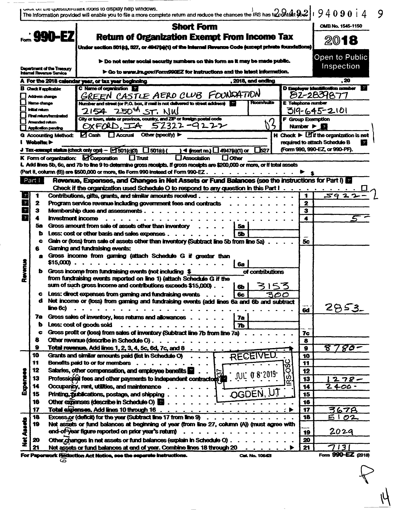 Image of first page of 2018 Form 990EZ for Green Castle Aero Club Foundation