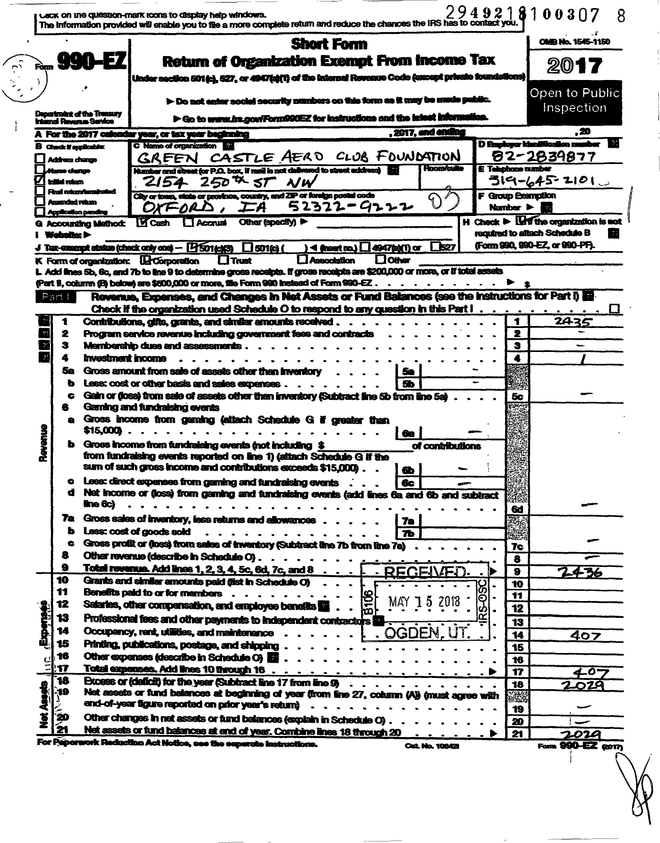 Image of first page of 2017 Form 990EZ for Green Castle Aero Club Foundation