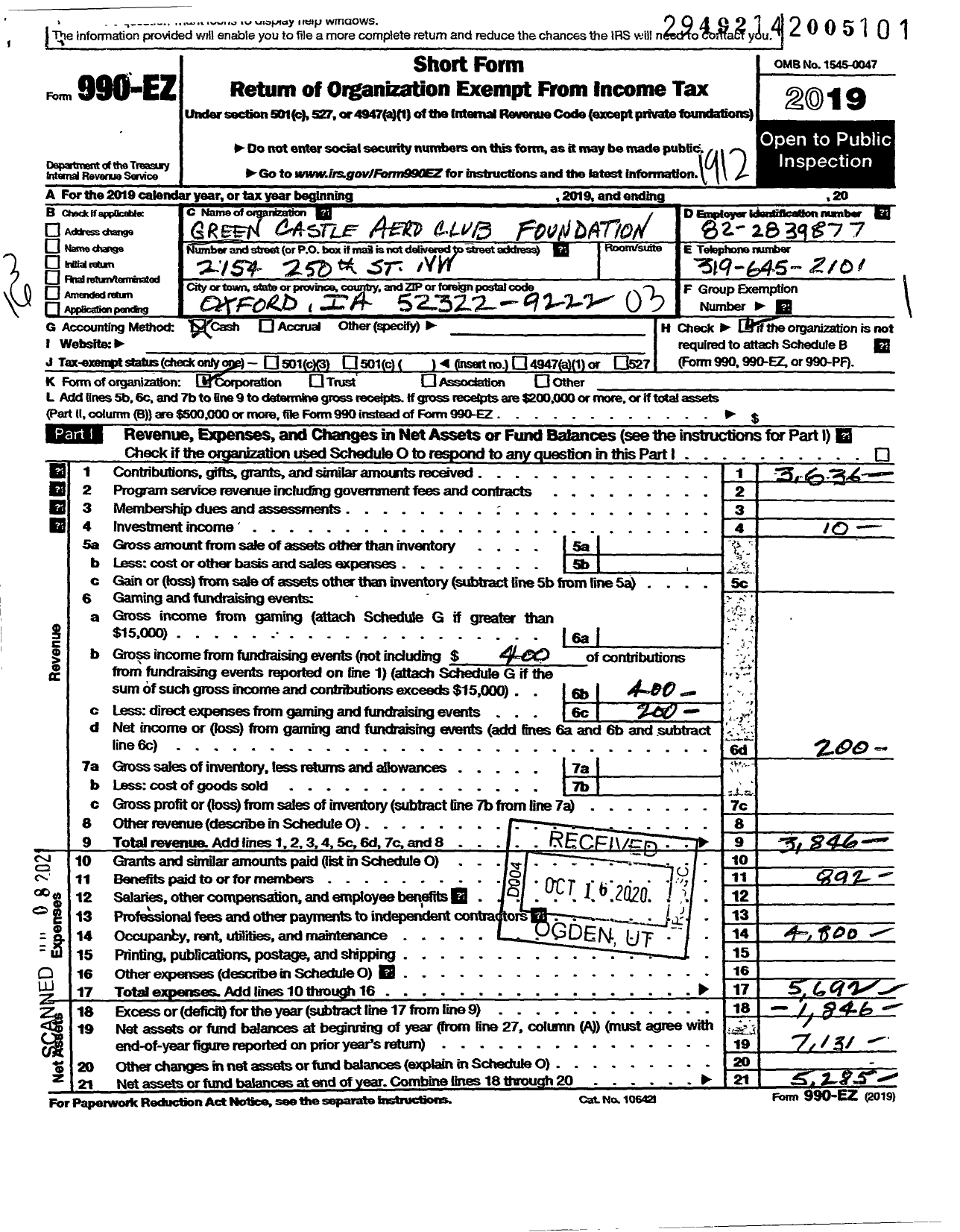 Image of first page of 2019 Form 990EZ for Green Castle Aero Club Foundation