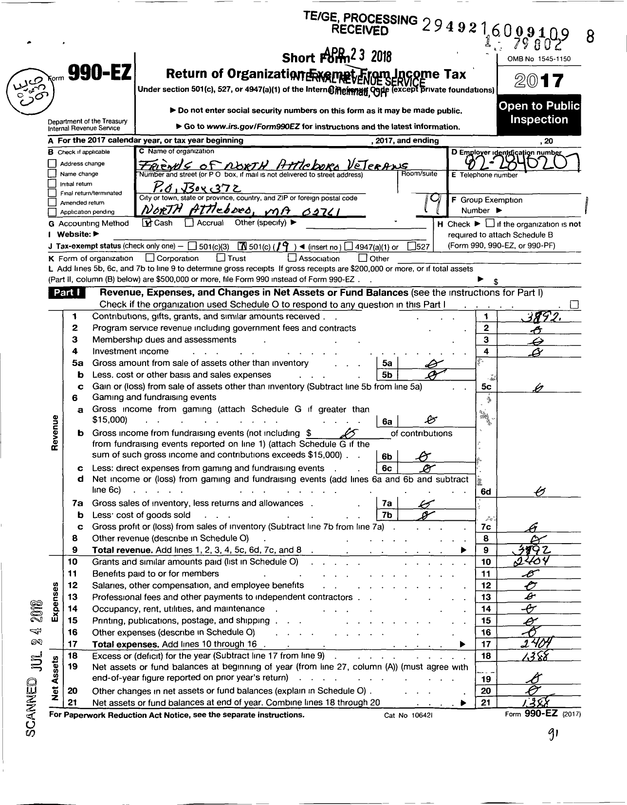 Image of first page of 2017 Form 990EO for Friends of North Attleboro Veterans