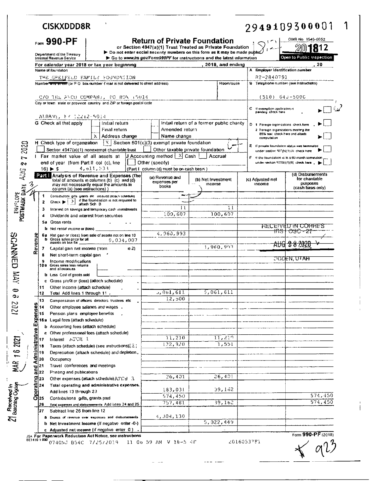 Image of first page of 2018 Form 990PF for The Greifeld Family Foundation