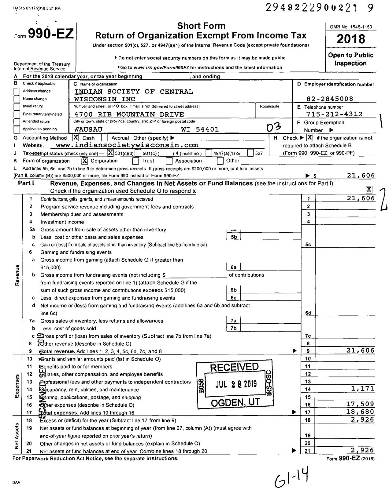 Image of first page of 2018 Form 990EZ for Indian Society of Central Wisconsin