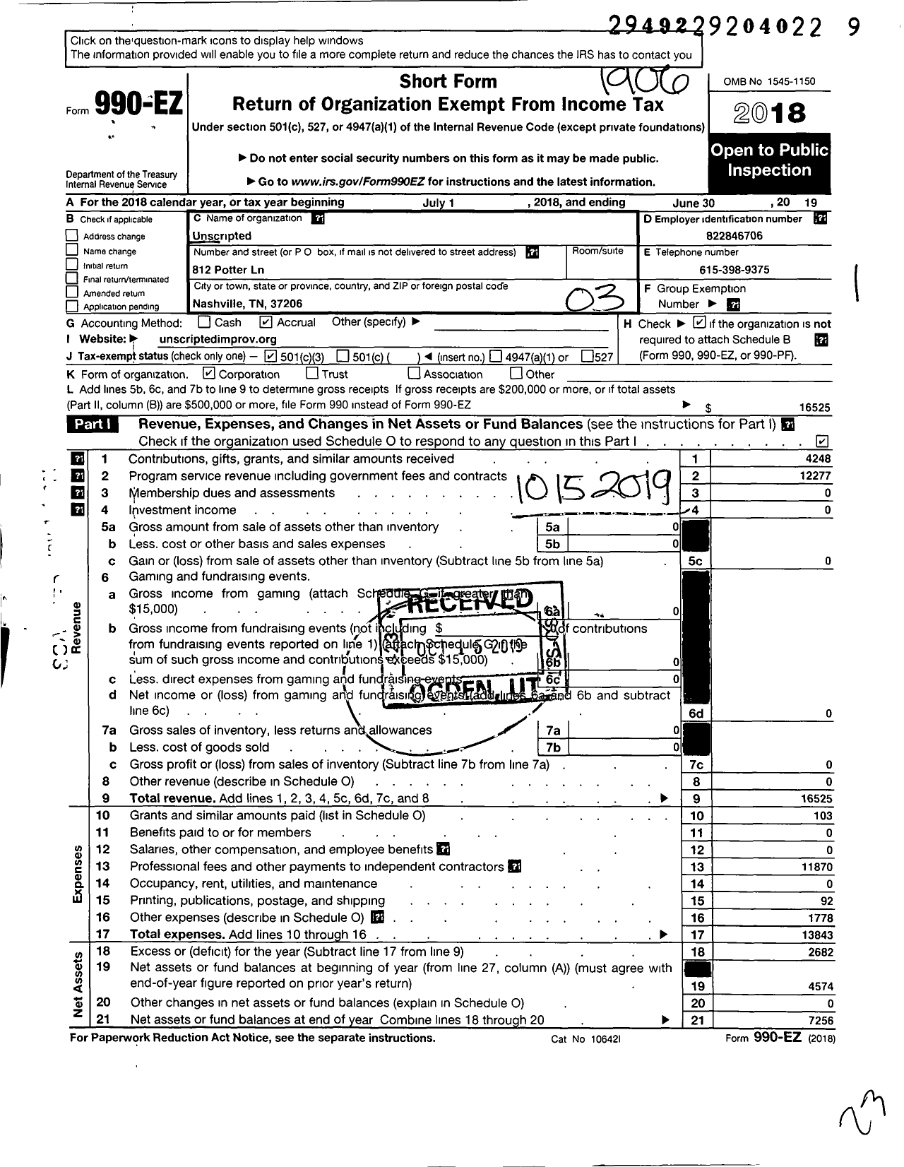 Image of first page of 2018 Form 990EZ for Unscripted