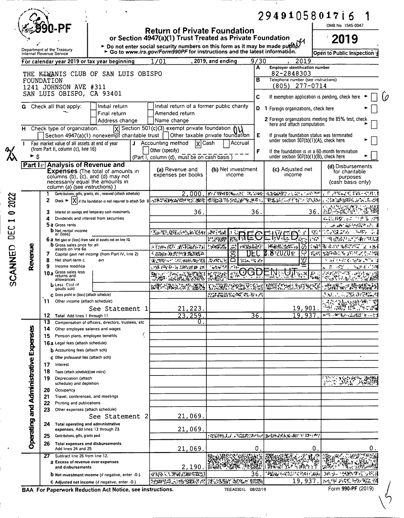 Image of first page of 2018 Form 990PF for The Kiwanis Club of San Luis Obispo Foundation