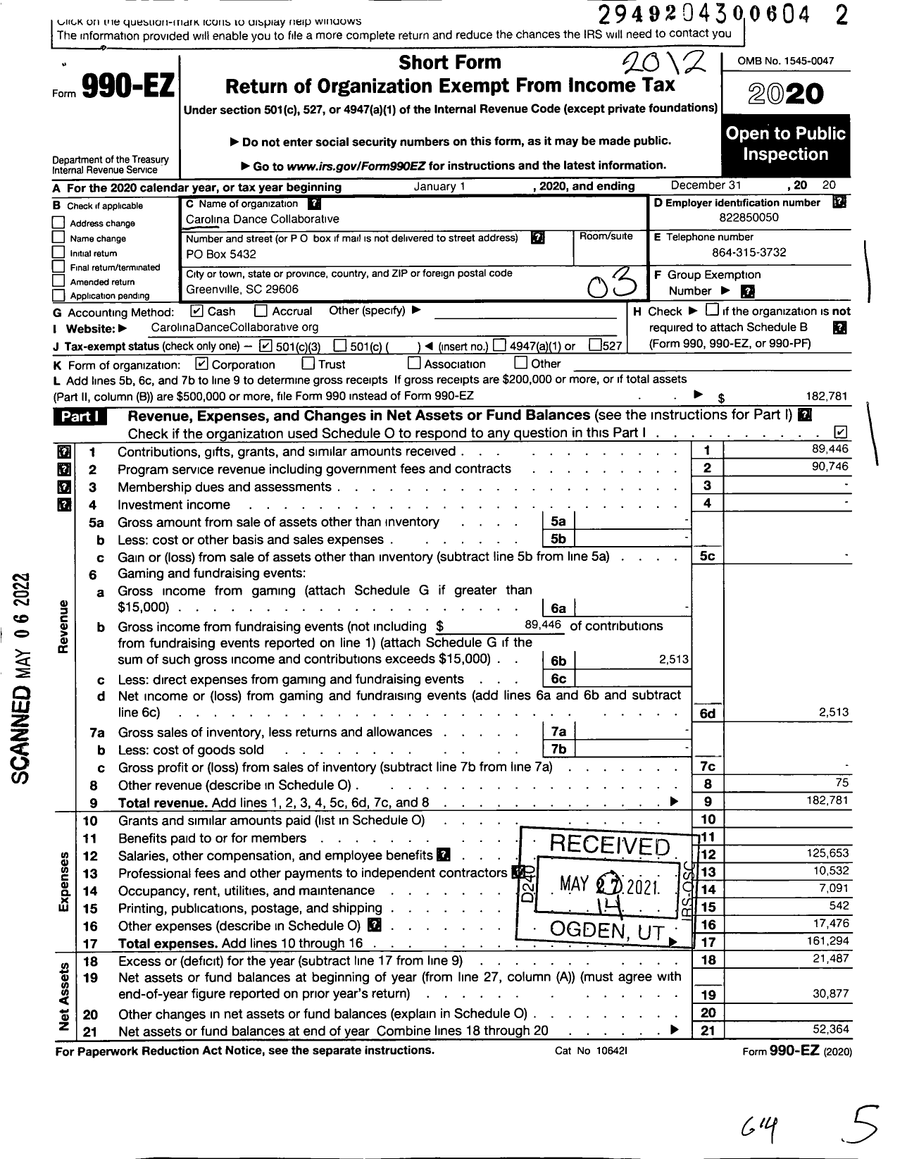 Image of first page of 2020 Form 990EZ for Carolina Dance Collaborative