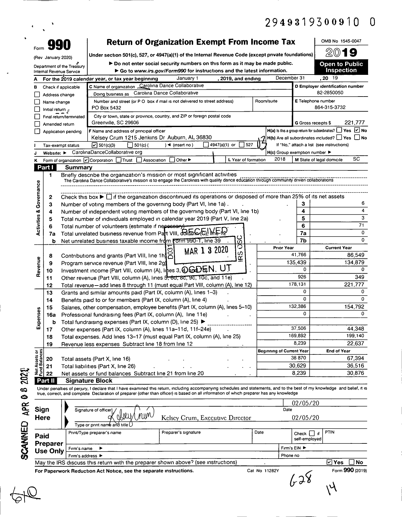 Image of first page of 2019 Form 990 for Carolina Dance Collaborative