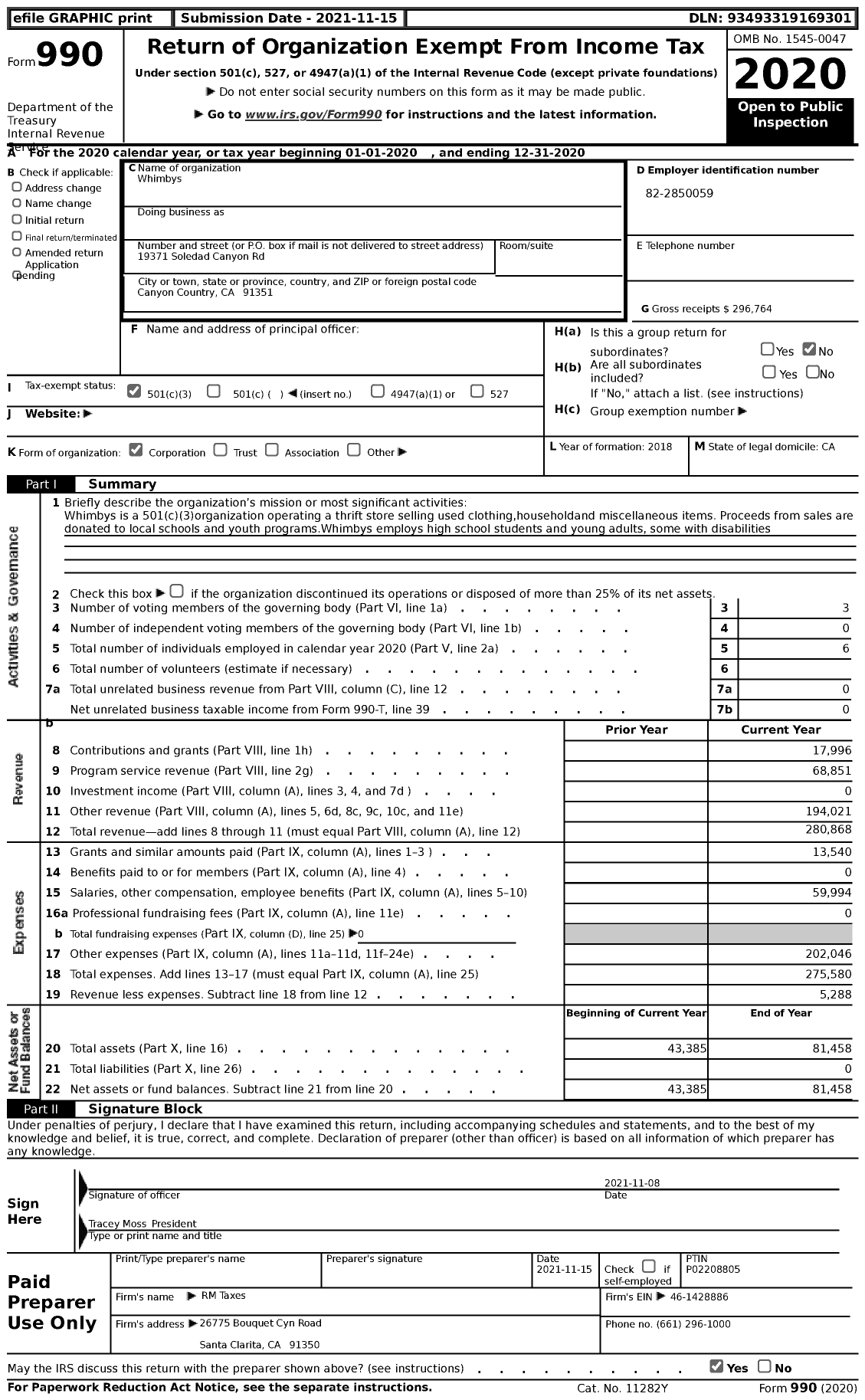 Image of first page of 2020 Form 990 for Whimbys