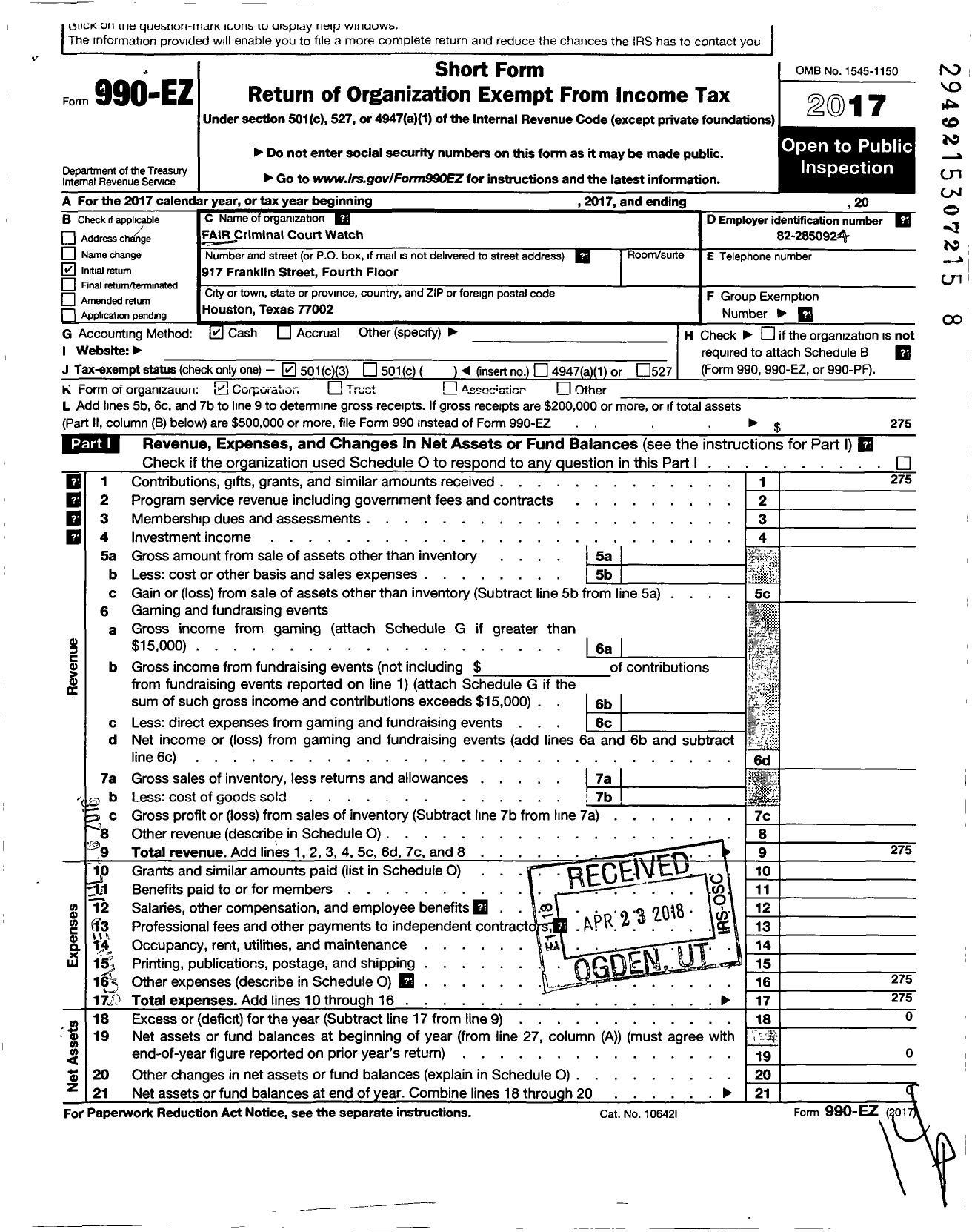 Image of first page of 2017 Form 990EZ for Fair Criminal Court Watch