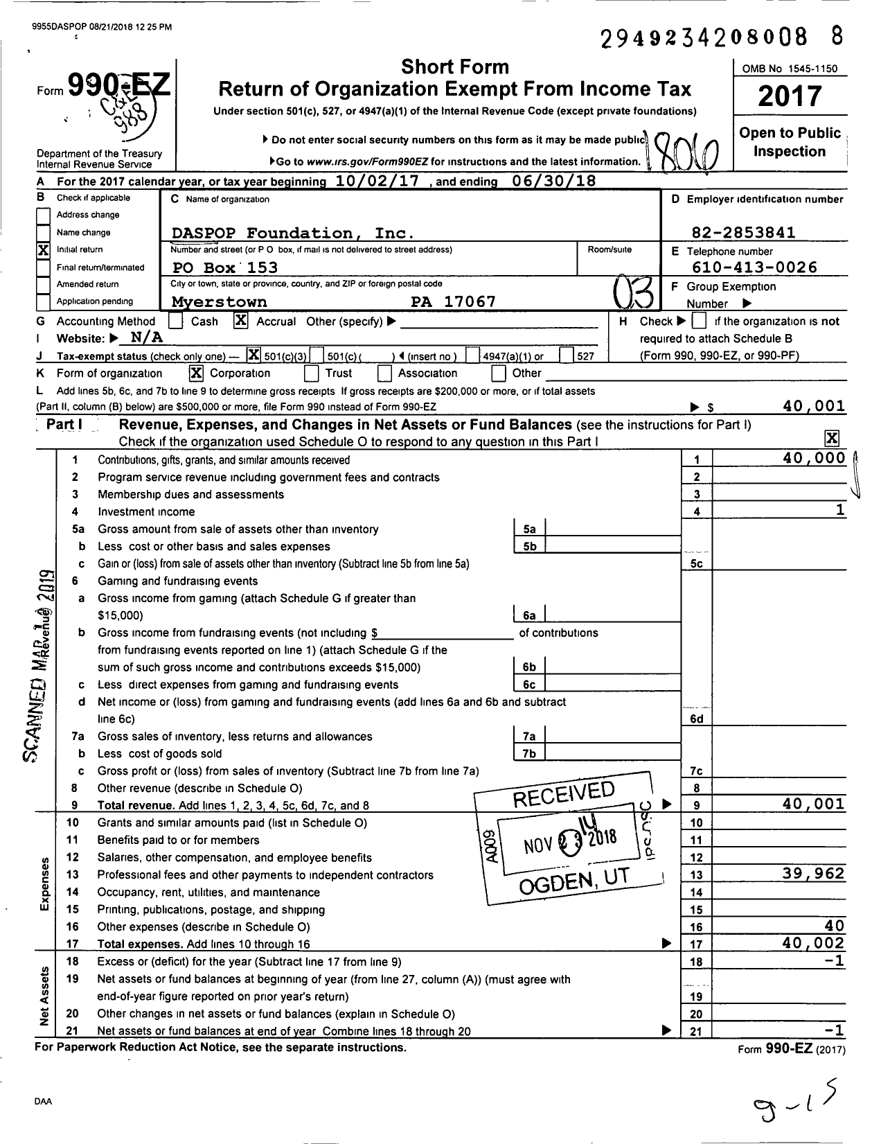 Image of first page of 2017 Form 990EZ for DASPOP Foundation