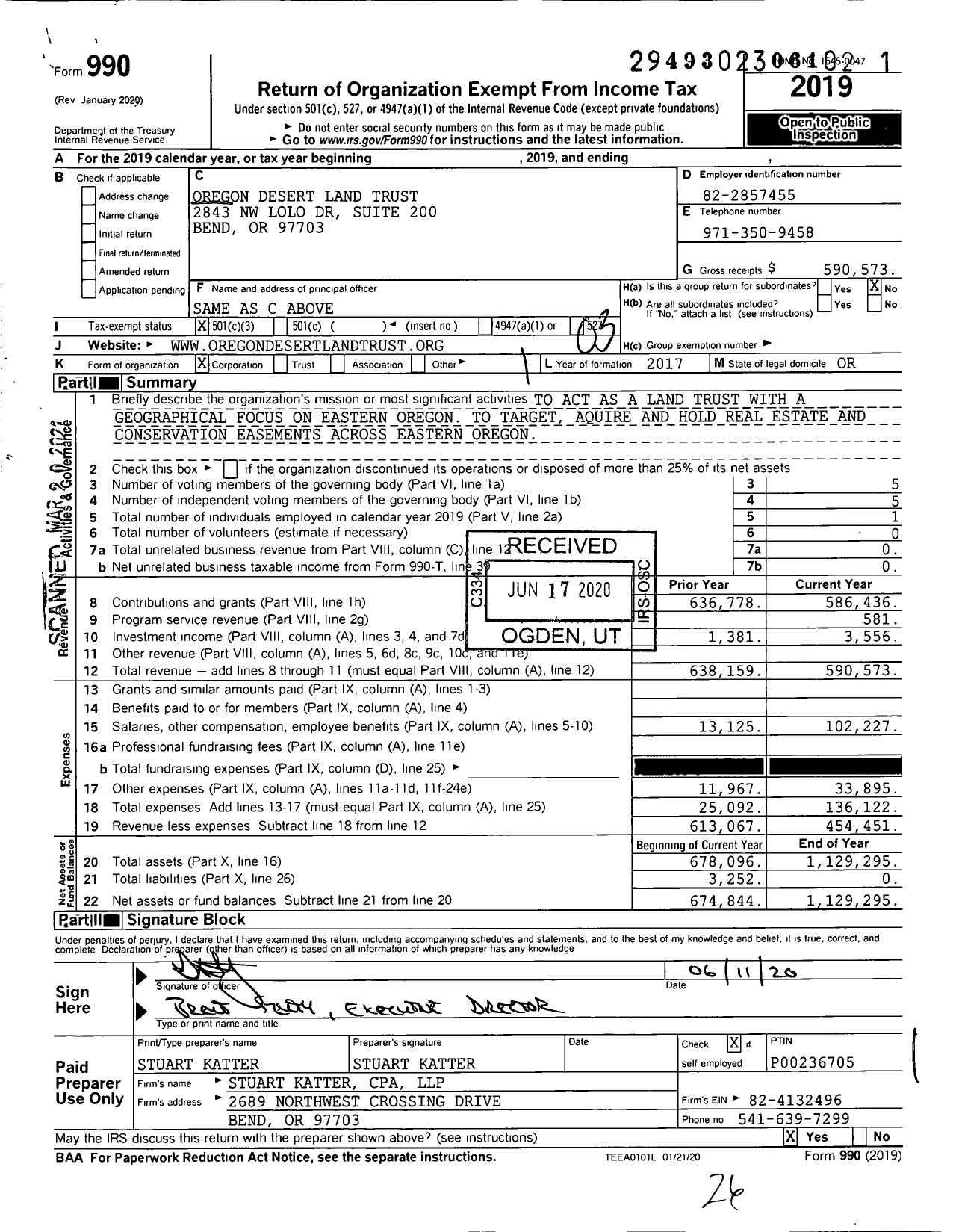 Image of first page of 2019 Form 990 for Oregon Desert Land Trust