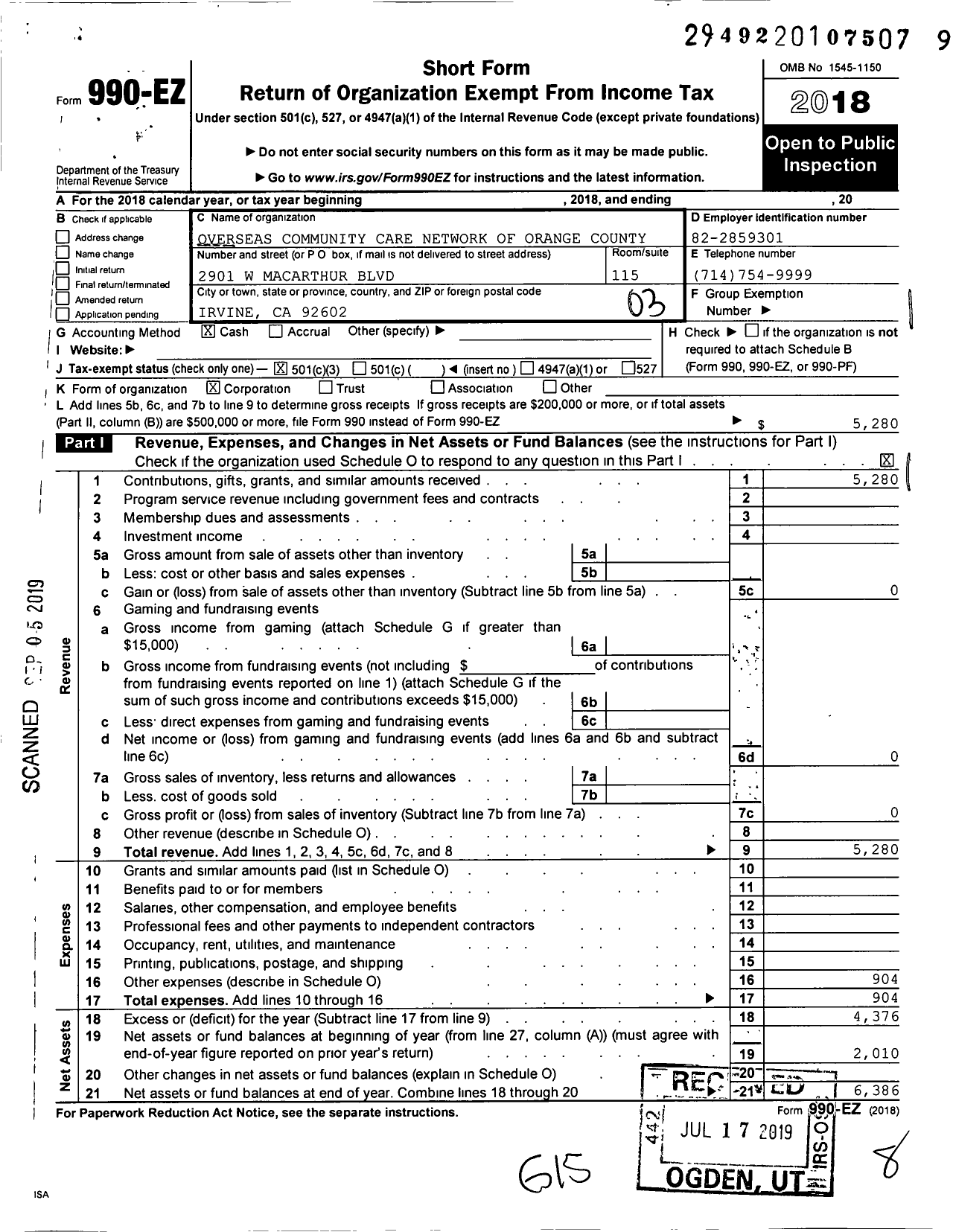 Image of first page of 2018 Form 990EZ for Overseas Community Care Network of Oc