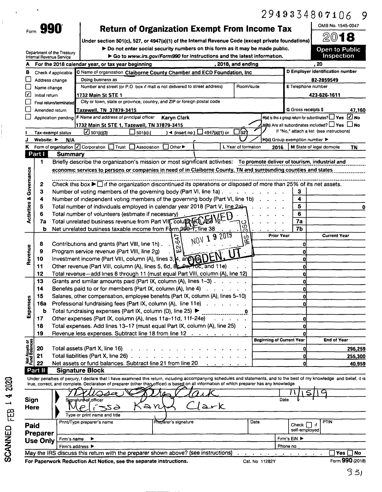 Image of first page of 2018 Form 990 for Claiborne County Chamber and Ecd Foundation