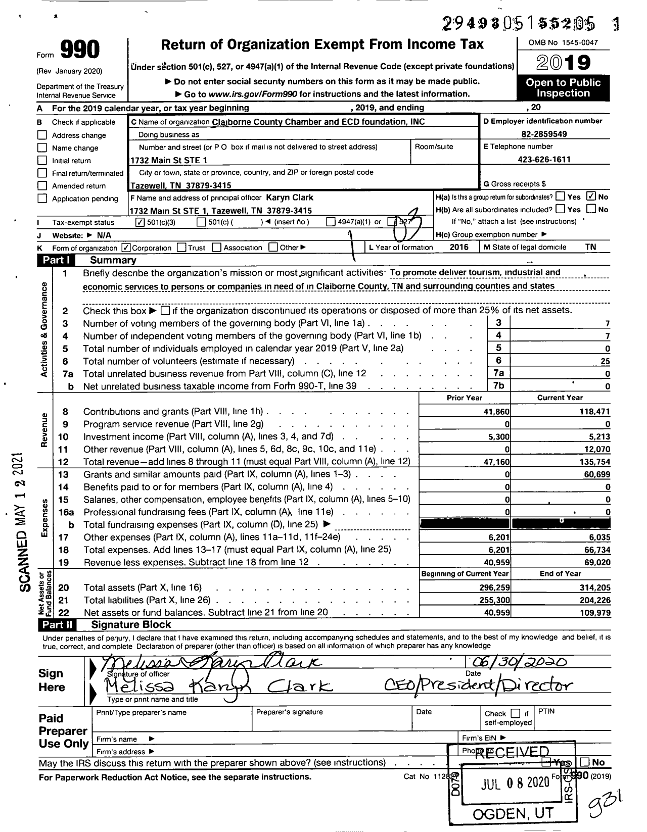 Image of first page of 2019 Form 990 for Claiborne County Chamber and Ecd Foundation