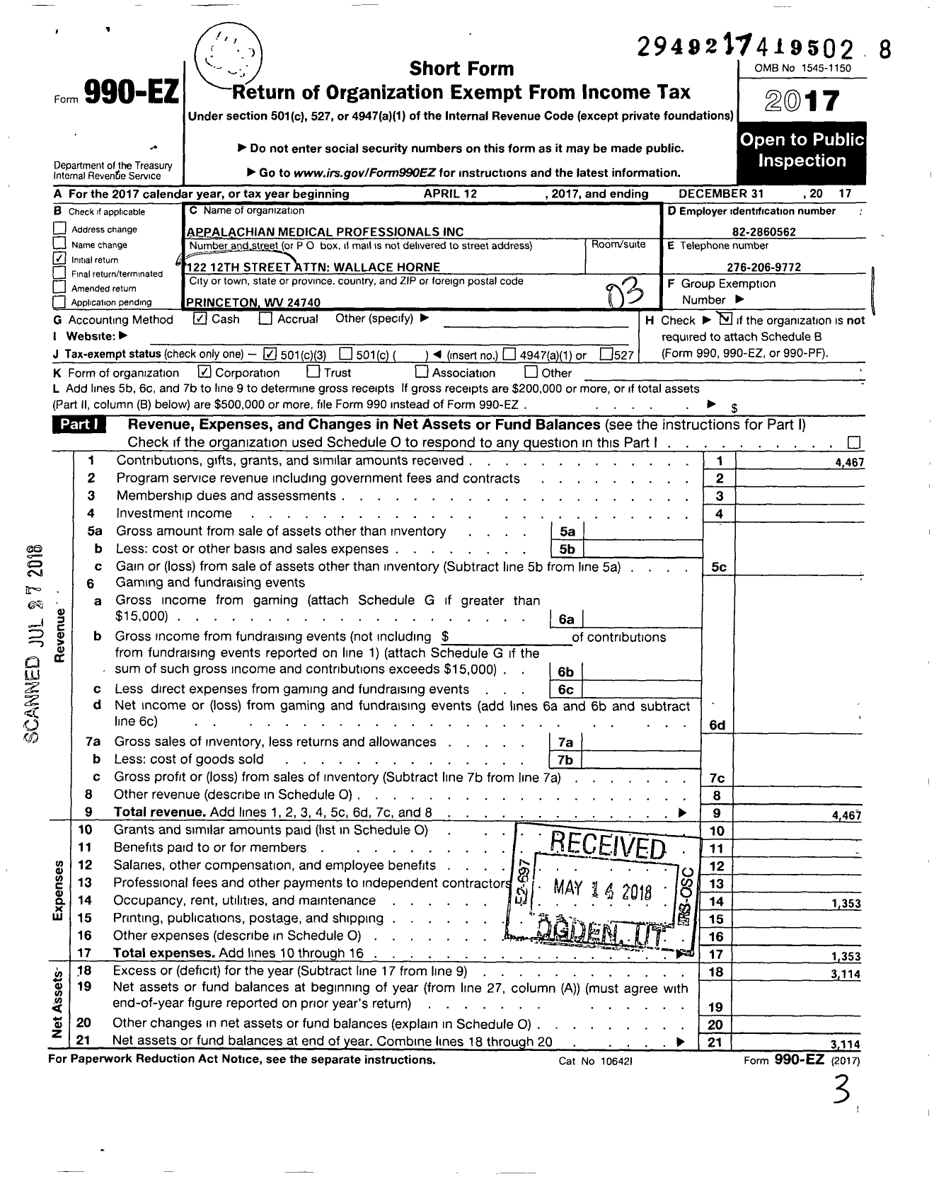 Image of first page of 2017 Form 990EZ for Appalachian Medical Professionals