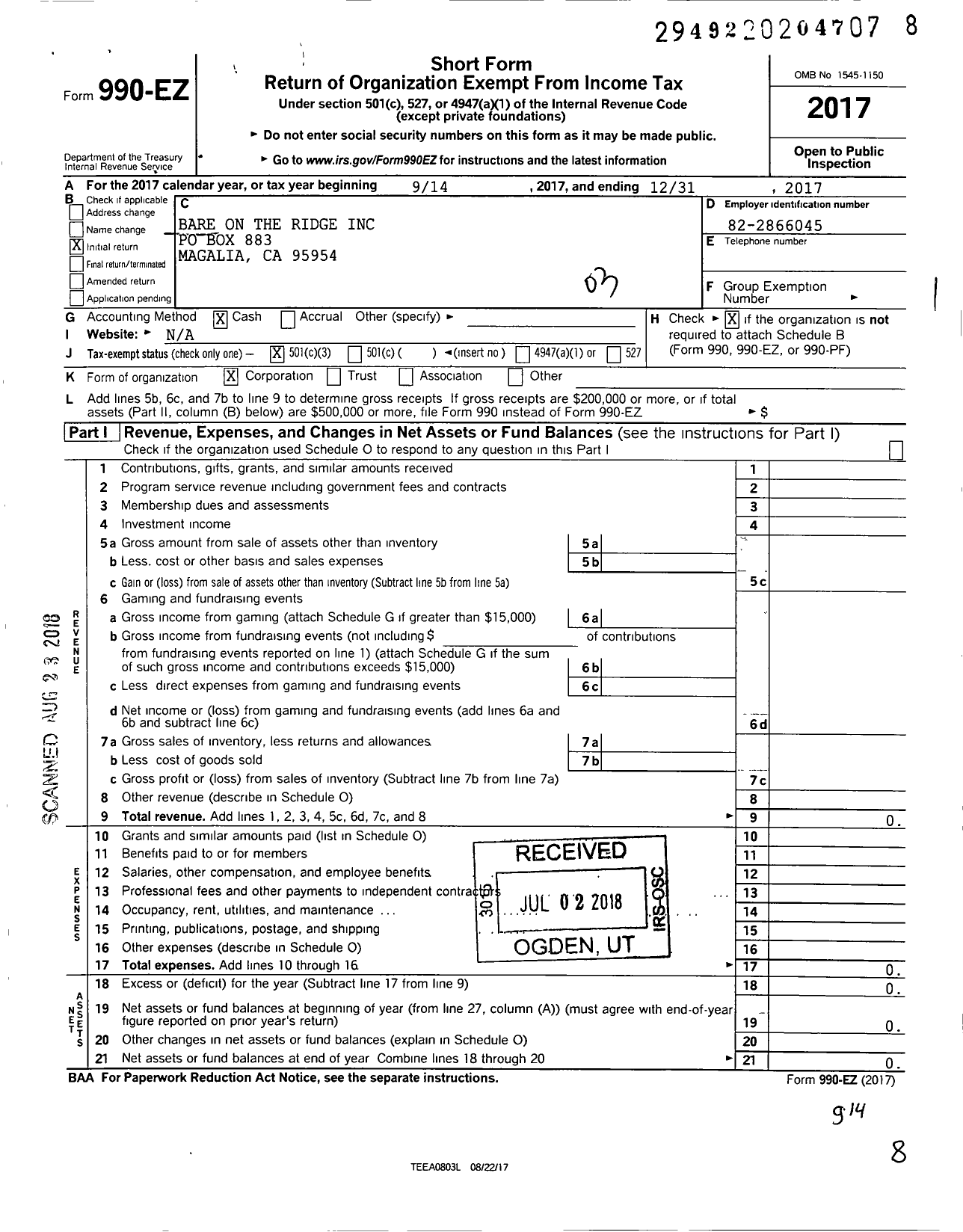 Image of first page of 2017 Form 990EZ for Bare on the Ridge