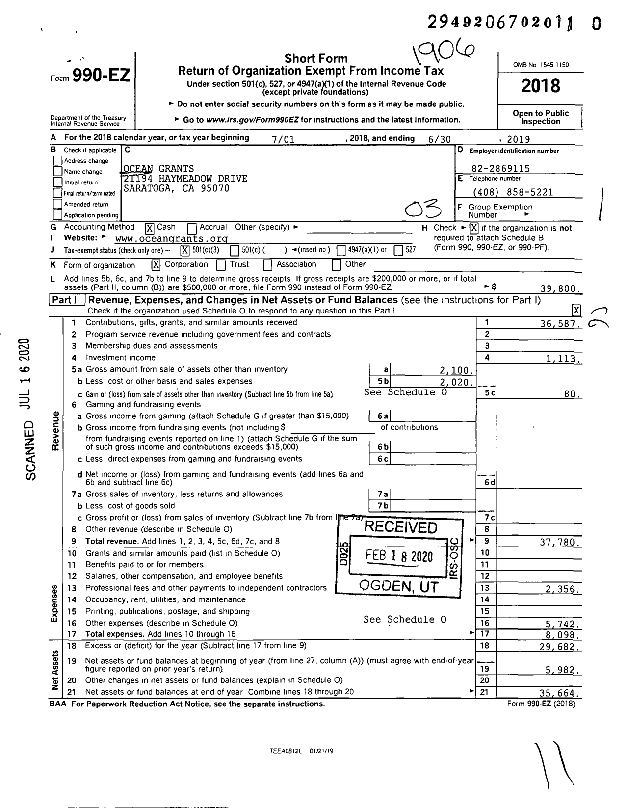 Image of first page of 2018 Form 990EZ for Ocean Grants