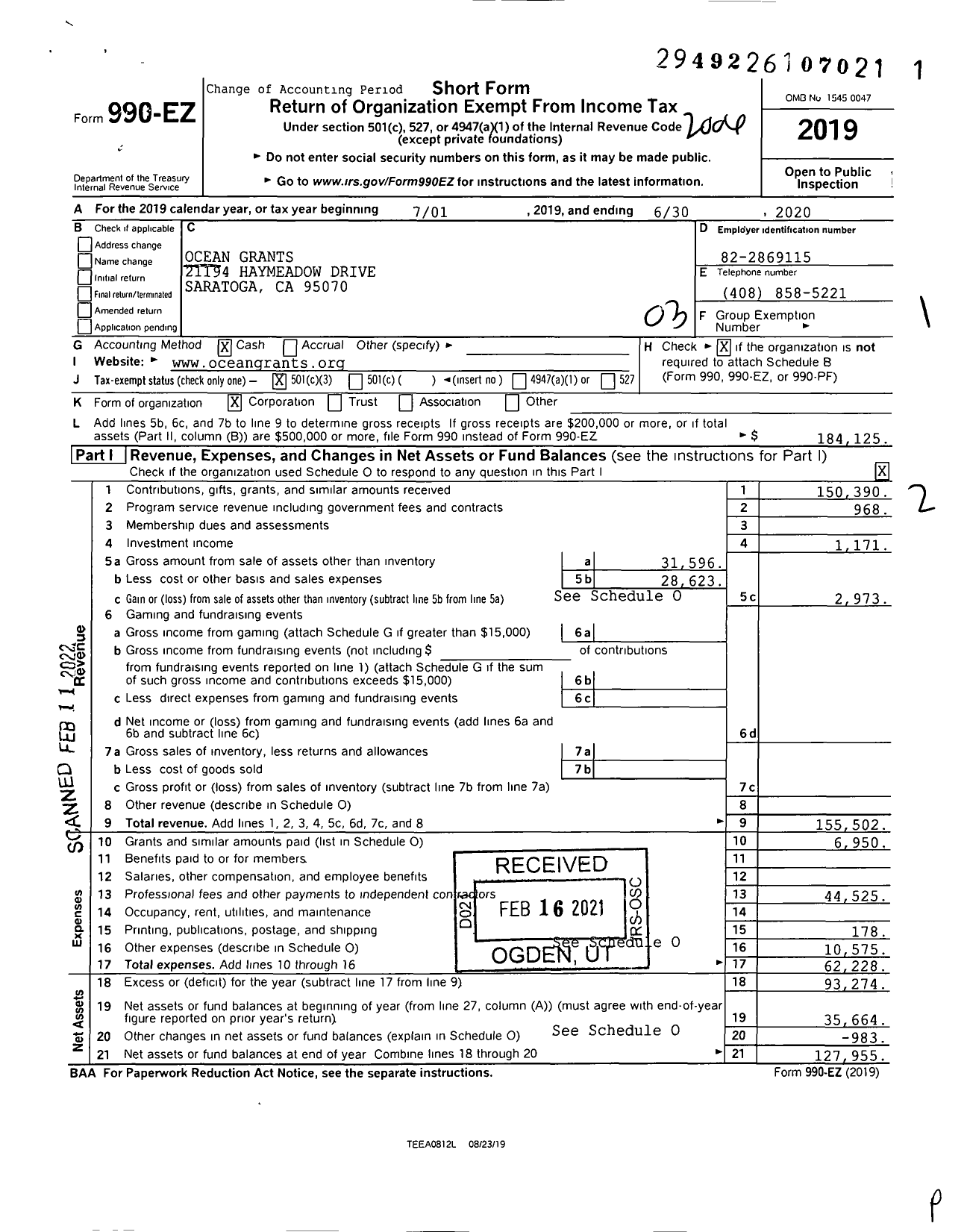 Image of first page of 2019 Form 990EZ for Ocean Grants