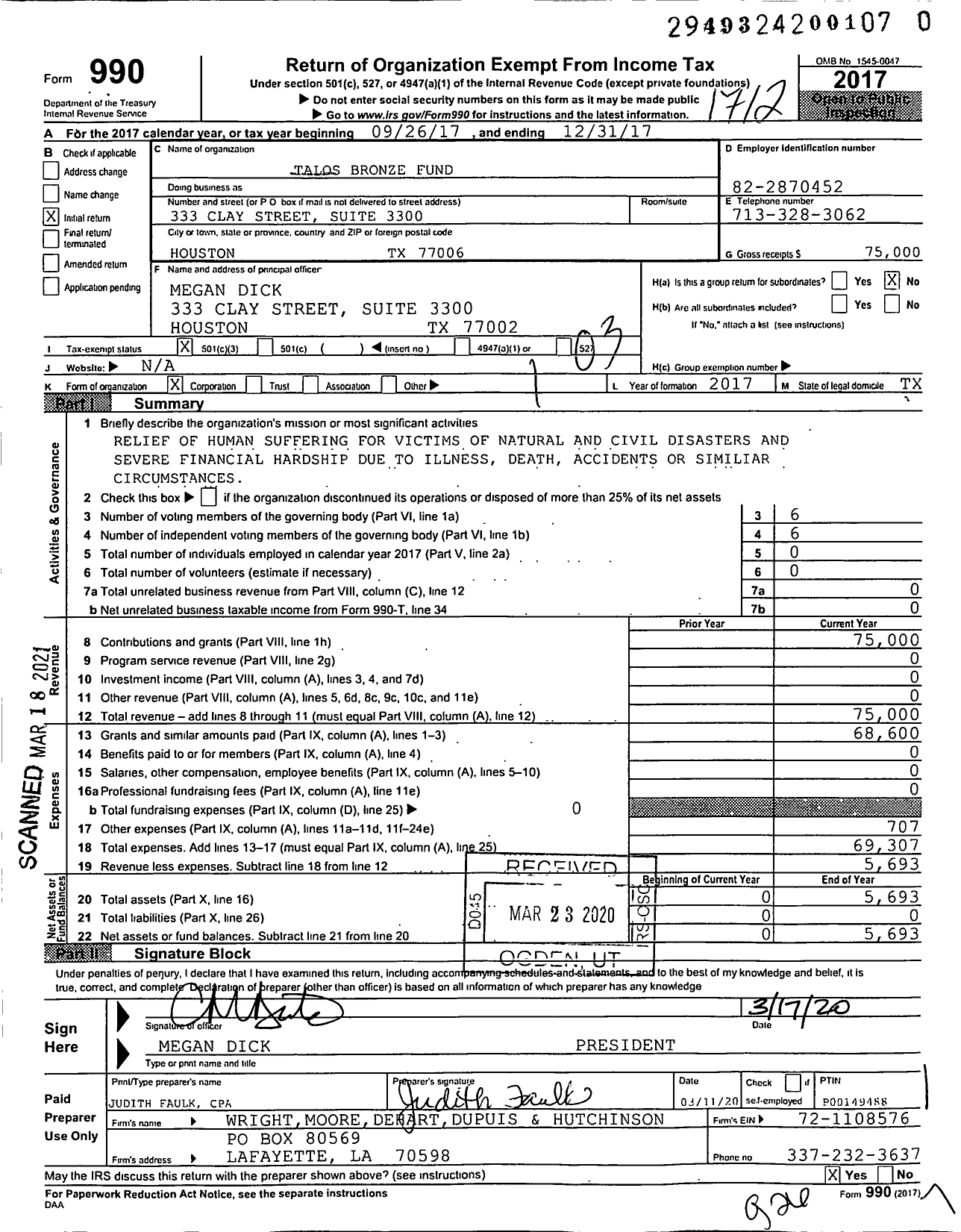 Image of first page of 2017 Form 990 for Talos Bronze Fund