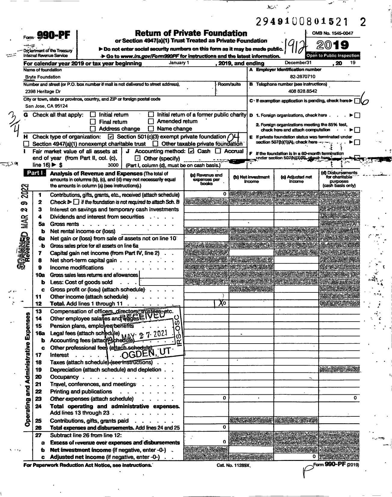 Image of first page of 2019 Form 990PF for Bryte Foundation