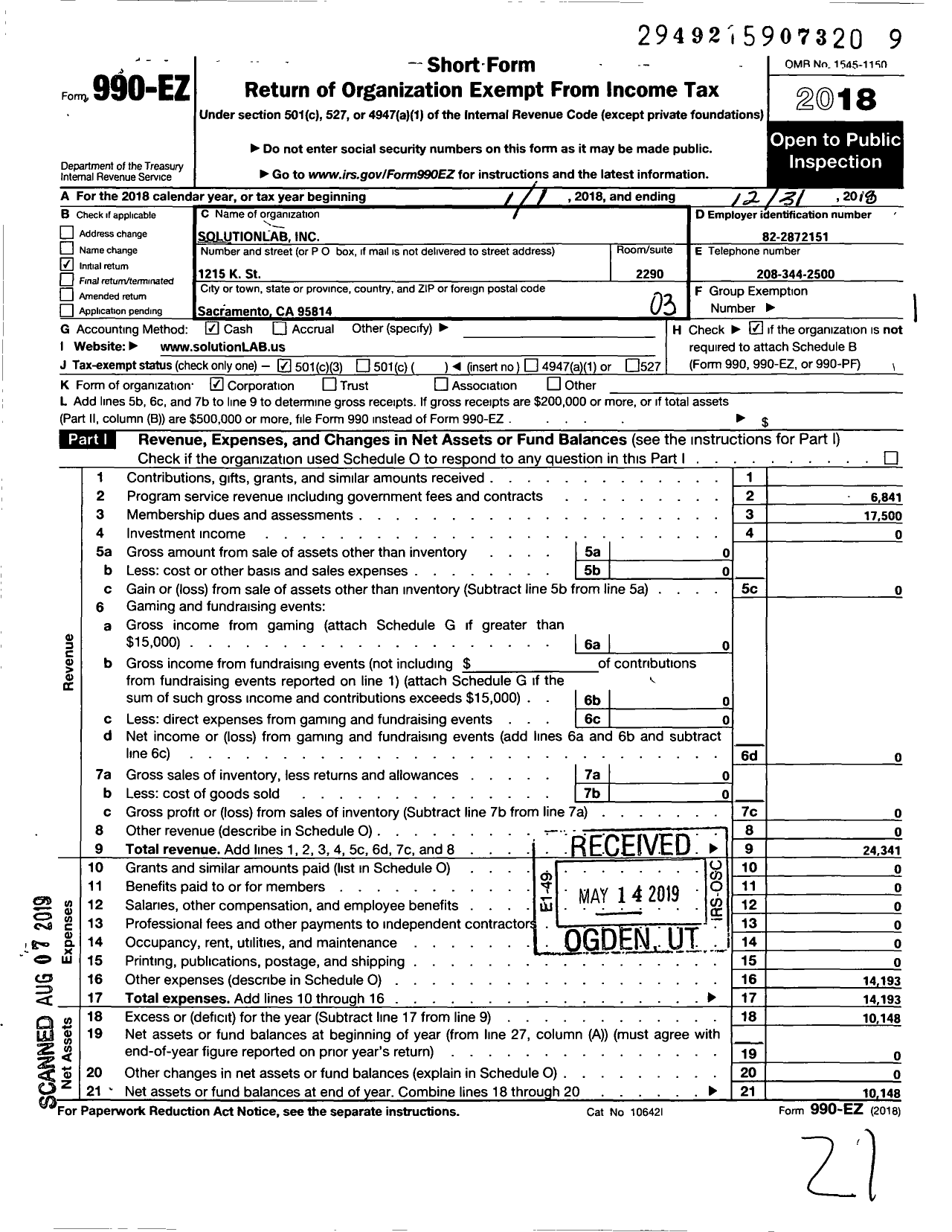 Image of first page of 2018 Form 990EZ for Solutionlab