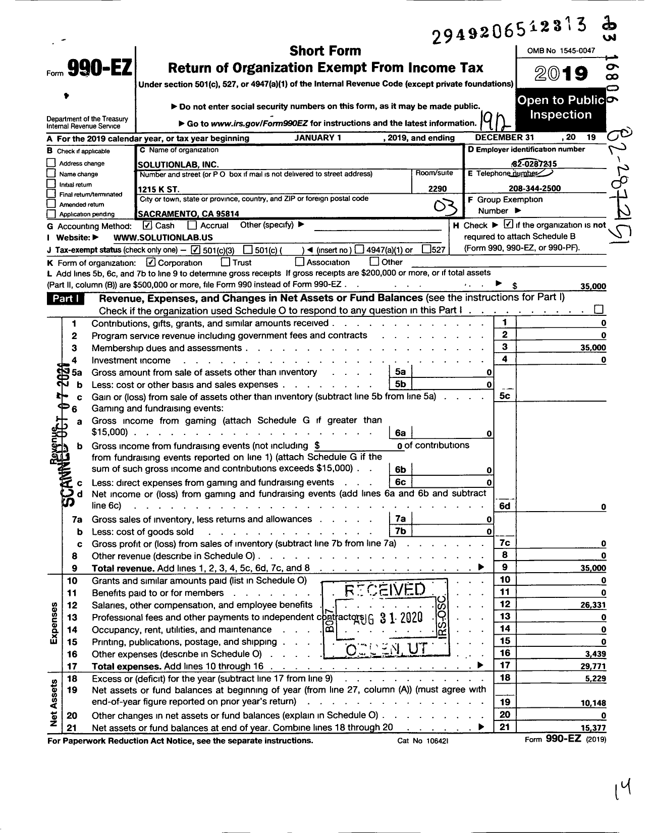 Image of first page of 2019 Form 990EZ for Solutionlab